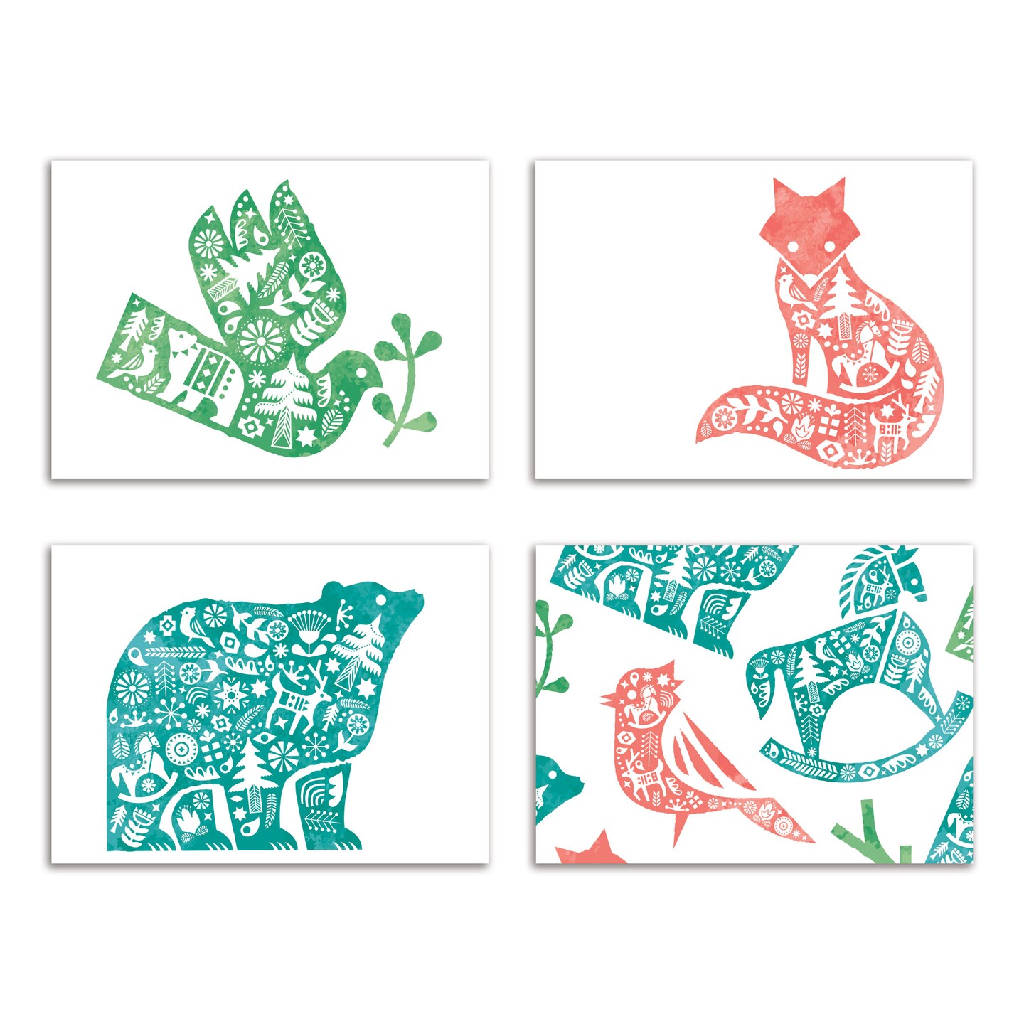 Folk Art Animal Christmas Cards - 24-Pack Holiday Greeting Cards with 4 Charming Animal Designs (Dove, Fox, Bear, Bird), Perfect for Sharing Merry Christmas &#x26; Holiday Wishes, Blank Inside for Personalized Messages - Unique and Artistic Stationery Set