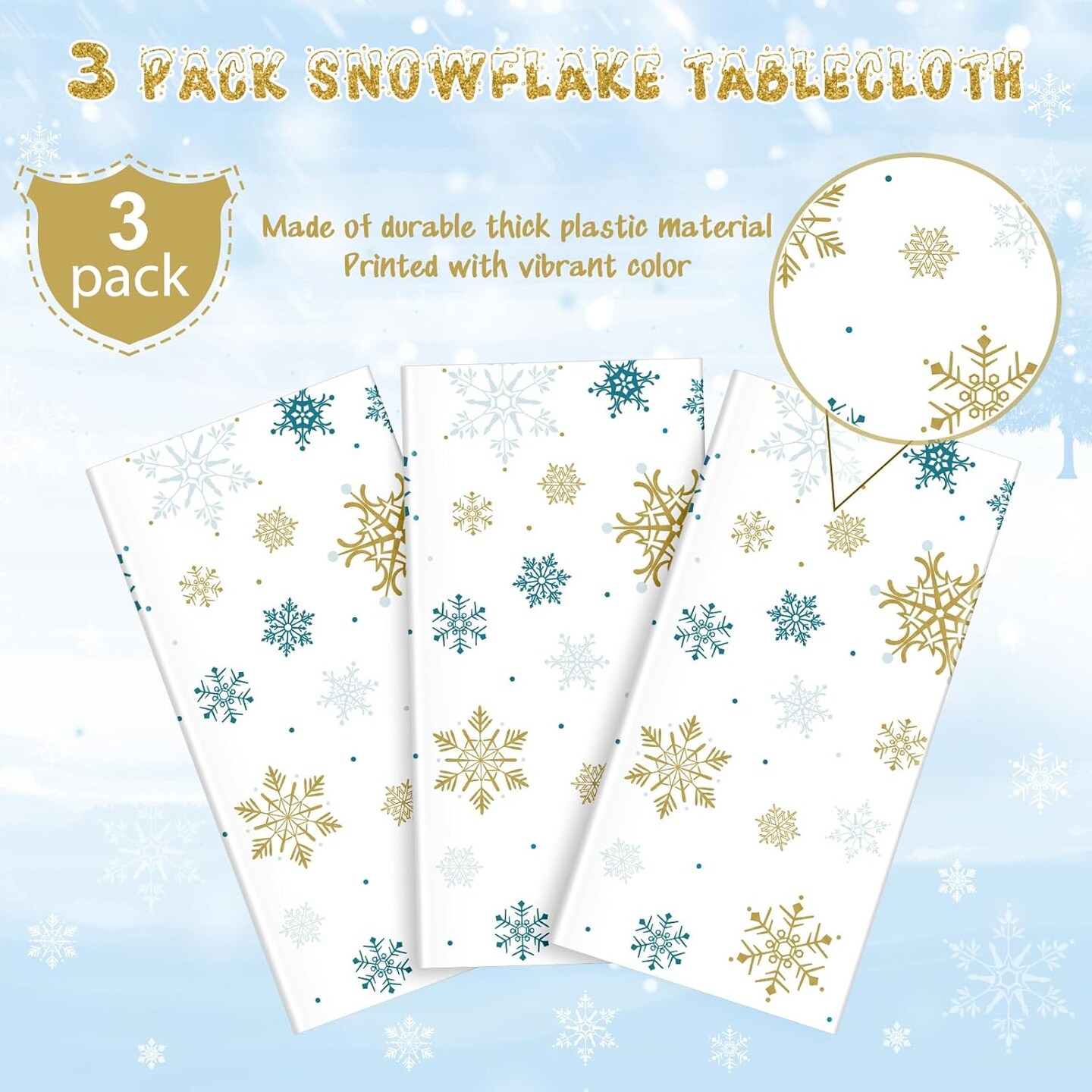 3Pcs Snowflake Plastic Tablecloth Christmas Snowflake Disposable Table Cloth White Blue and Gold Winter Wonderland Table Cover for Winter Holiday Christmas Birthday Party Decorations,54x108 Inch