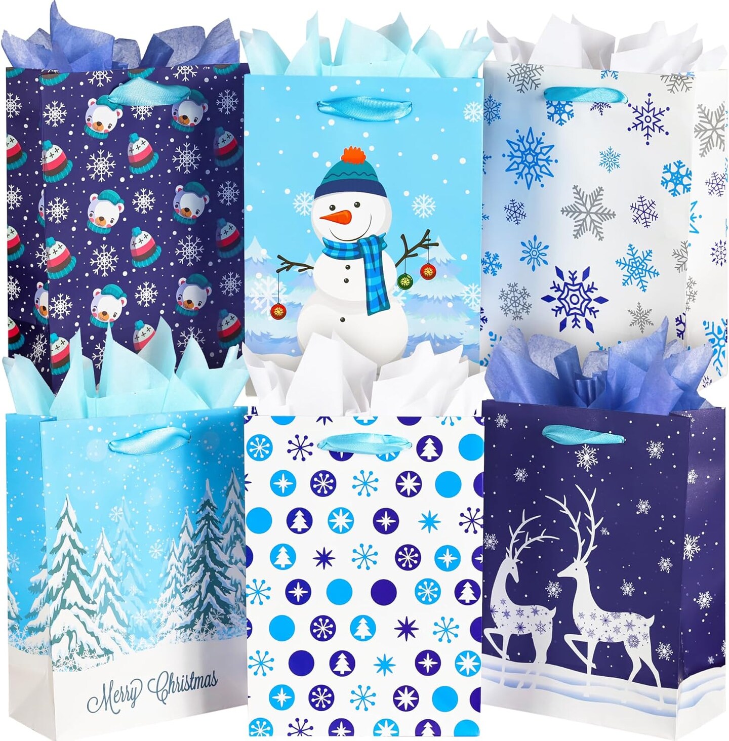 24 Pack Small Christmas Gift Bags with Tissue Paper, 8.7&#x22;x6.3&#x22;x3.1&#x22;, Blue and White Xmas Gift Bags Bulk with Handles for Christmas, Birthday Parties, Gift Wrapping