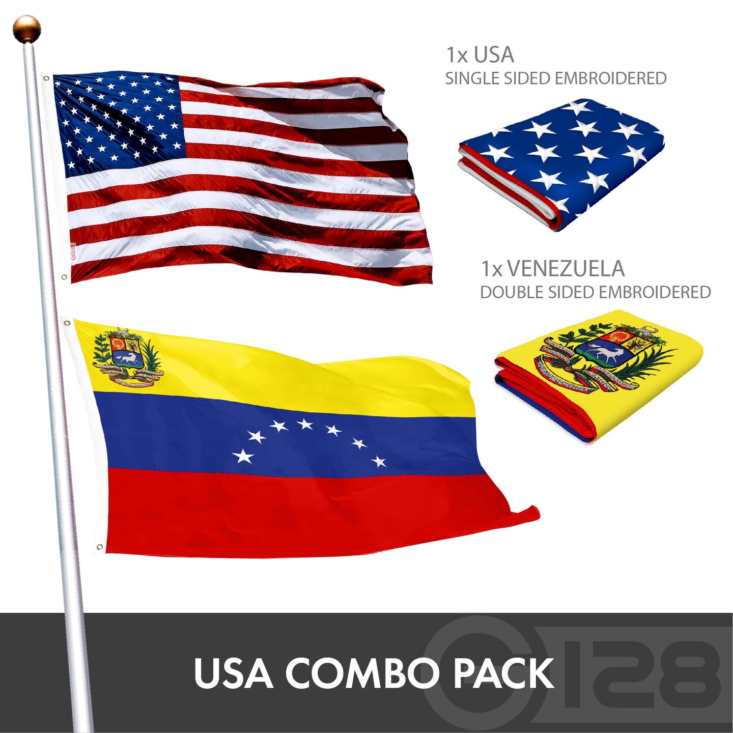 G128 Combo Pack: American USA Flag ToughWeave Series 3x5 Ft Single Sided &#x26; Venezuela 7 Stars Venezuelan Flag Double Sided 3x5 Ft Double ToughWeave Series | Both Embroidered Polyester, Brass Grommets