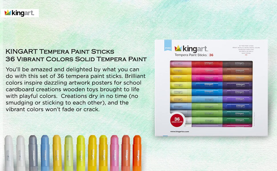 KINGART&#xAE; Tempera Paint Sticks, 36 Vibrant Colors Solid Tempera Paint for Kids, Super Quick Drying, Works Great on Paper Wood Glass Ceramic Canvas