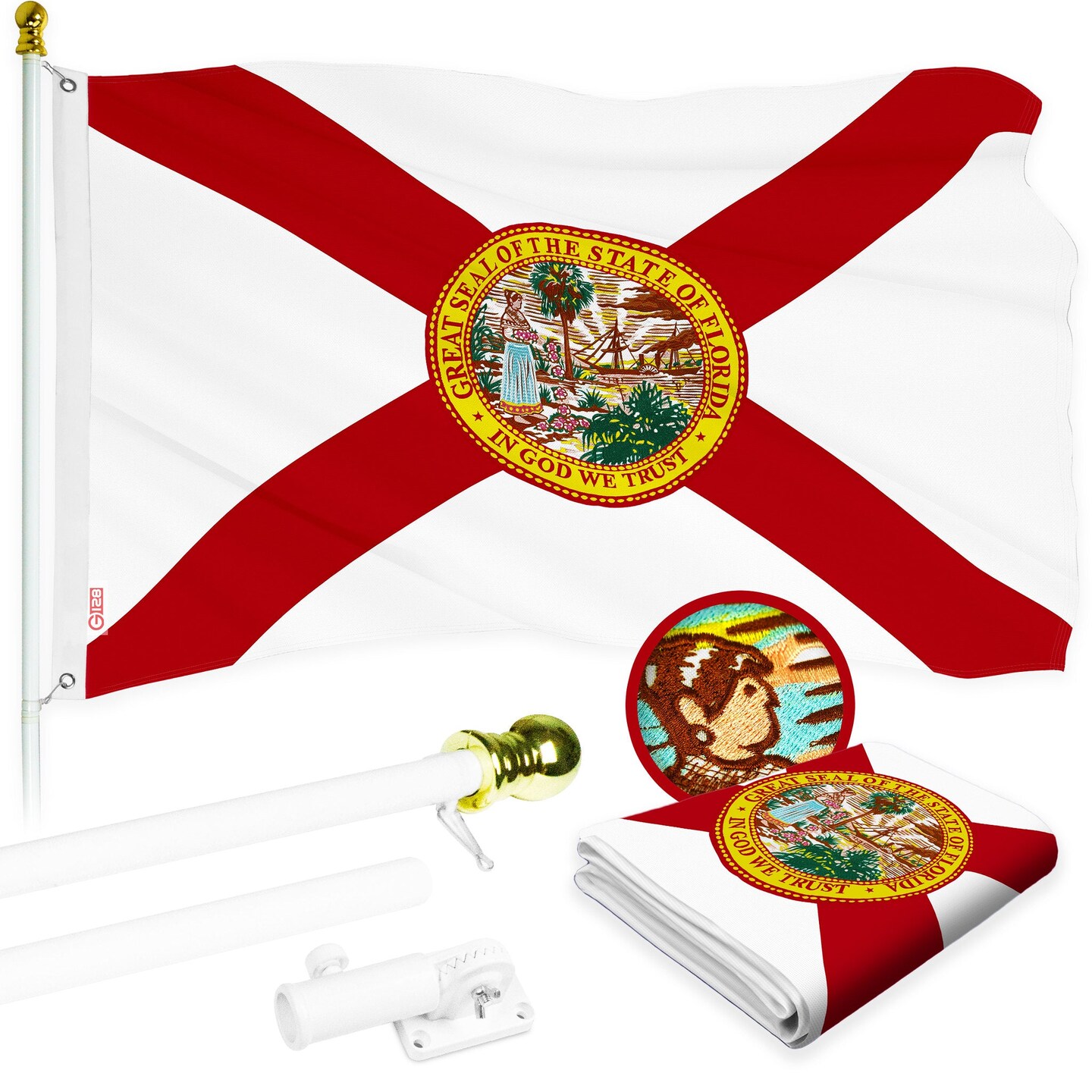 G128 Combo Pack: 5 Ft Tangle Free Aluminum Spinning Flagpole (White) &#x26; Florida FL State Flag 2x3 Ft, ToughWeave Series Embroidered 210D Polyester | Pole with Flag Included