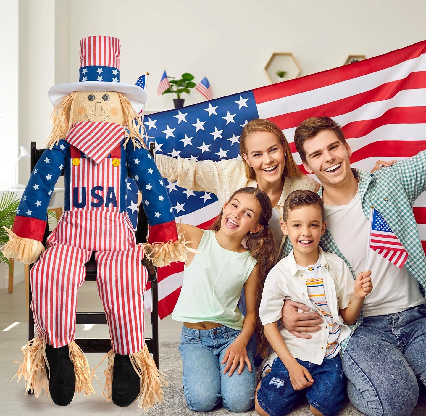 Large Independence Day Uncle Sam Scarecrow Sitter Decor, 60&#x22; Life Size Patriotic Sitting Male Boy Scarecrows Outdoor Decoration 4th of July Home Porch Yard Garden