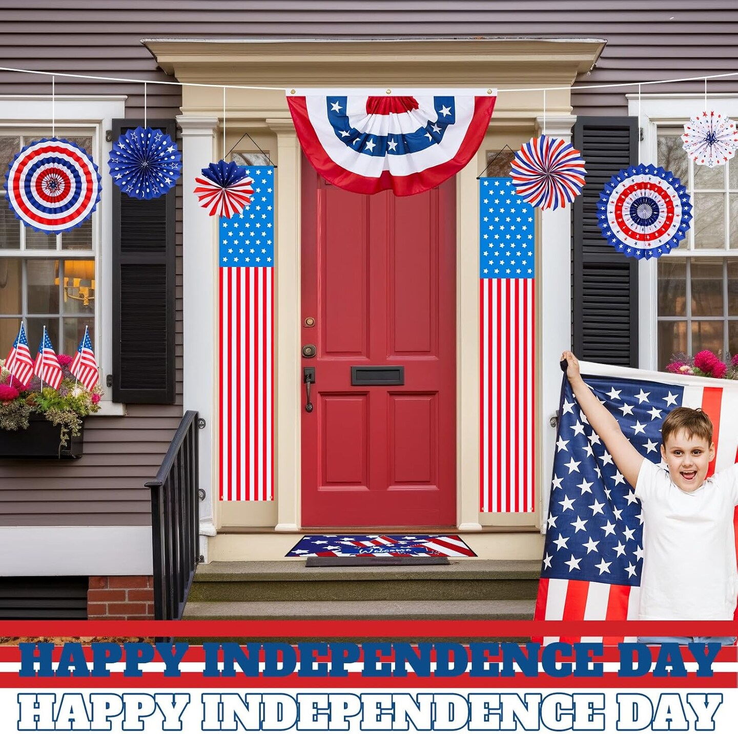 14 Pcs 4th of July Porch Sign Outdoor Decorations, 5.9&#x27; American Patriotic Hanging Paper Fans Flag Banners Mat Set Memorial Day Front Door Decoration for USA Independence Day Party Supplies