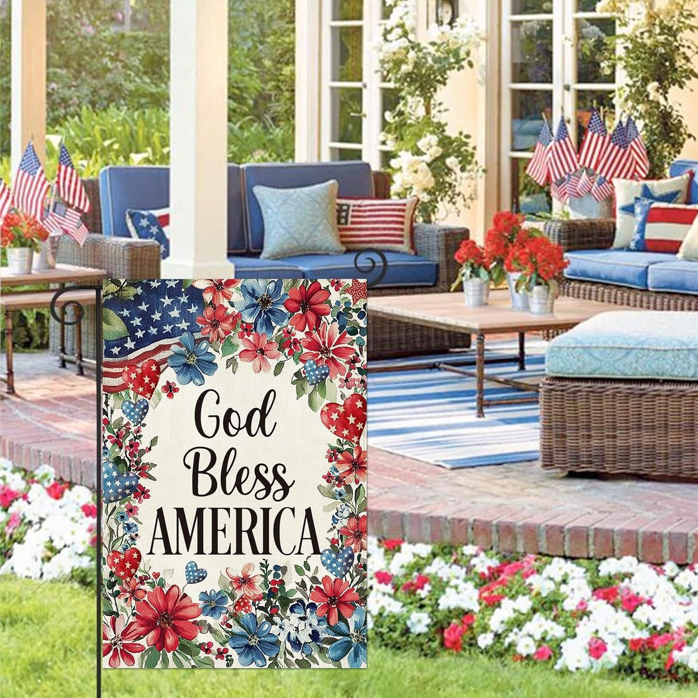 4th of July Patriotic Garden Flag 12.5 x 18 Inch Double Sided Burlap God Bless America Floral Memorial Day Small Yard Flag Summer Holiday Seasonal Farmhouse Outdoor Outside Decoration
