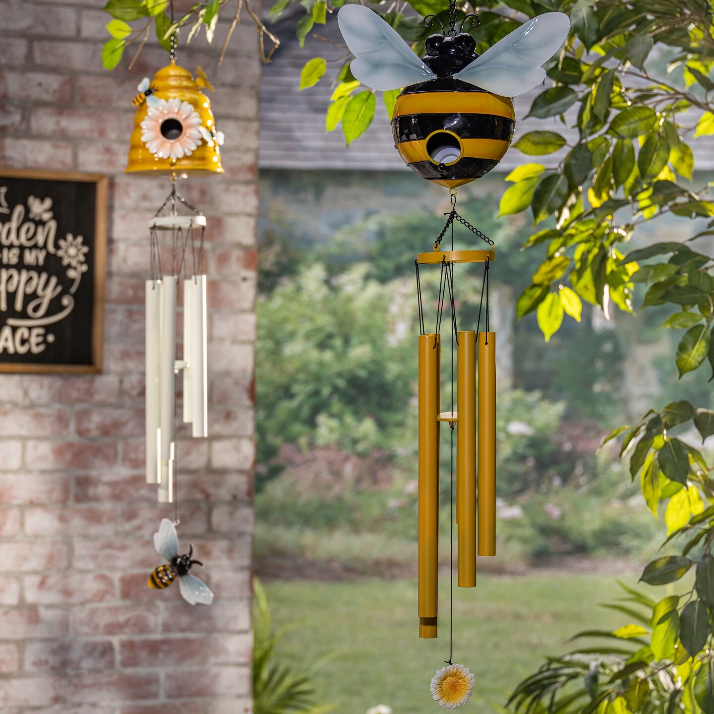 Contemporary Home Living Bee and Beehive Birdhouse Wind Chimes - 32.5&#x22; - Yellow and Black - Set of 2