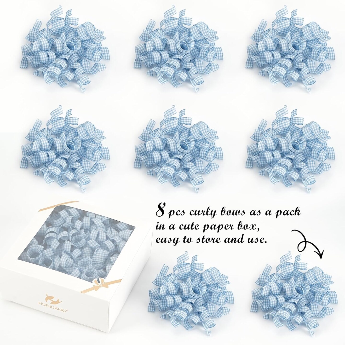 Blue Bows for Gift Wrapping Dusty Blue Plaid Ribbon Bow Self Adhesive Curly Gift Bows for Presents, Treat Bags, Bridal Shower Favors, Wrapping Accessories -5 inch x 8 Counts