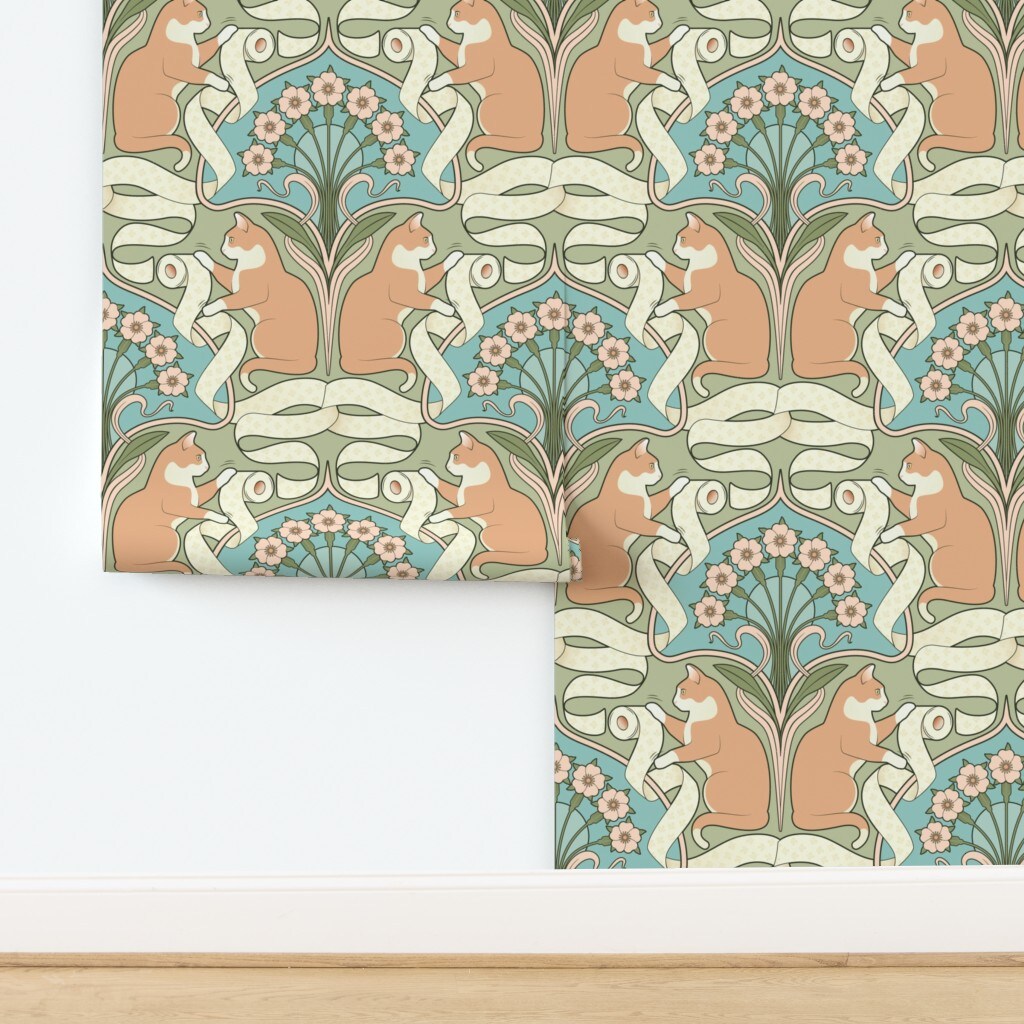 Whimsical Art Nouveau Deco Cat Toilet Paper Novelty Funny Floral Bathroom Modern Green Lover Lady Large Scale Bohemian Eclectic Antique Custom Removable Wallpaper by Spoonflower Peel & Stick Wallpaper 2FT Wide