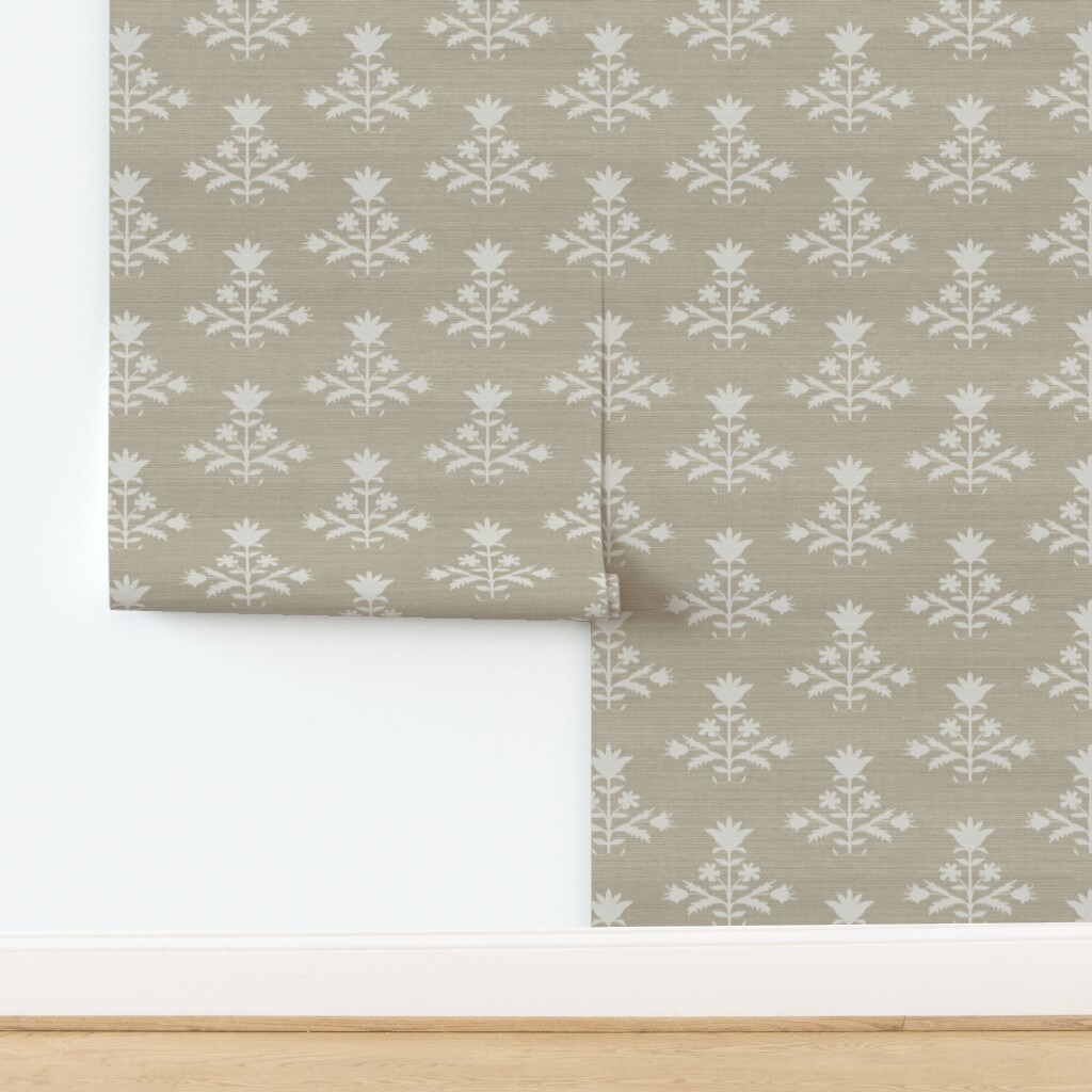 Faux Grasscloth Texture Block Print Botanical Tulip Beige Flower Boho Traditional Classic Grandmillennial Cottagecore Coastal Rustic Farmhouse Custom Removable Wallpaper by Spoonflower Peel & Stick Wallpaper 2FT Wide