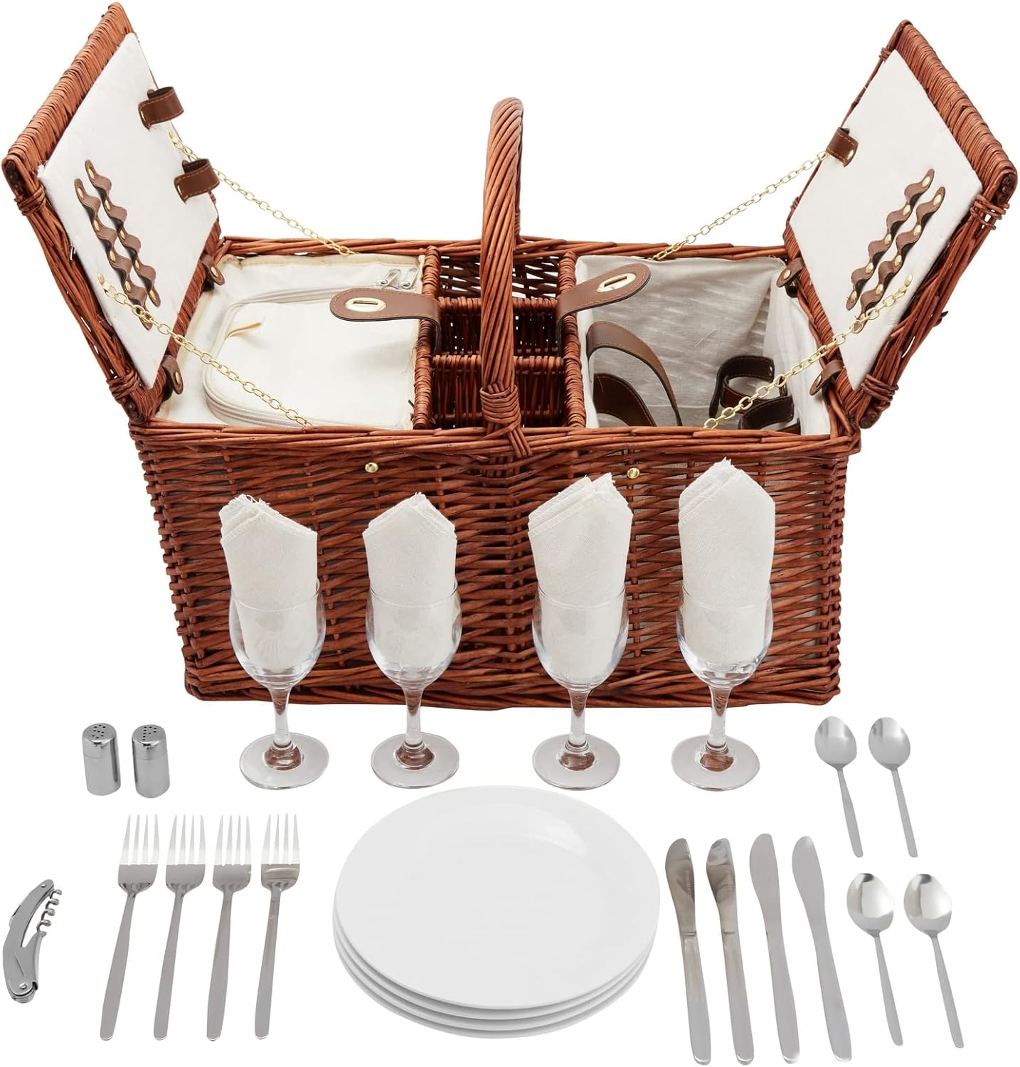Wicker Picnic Basket Set for 4 with Utensils, Glasses, and Insulated Cooler Bag - Luxury Camping, Picnic Essentials and Outdoor Tableware for Family Gatherings