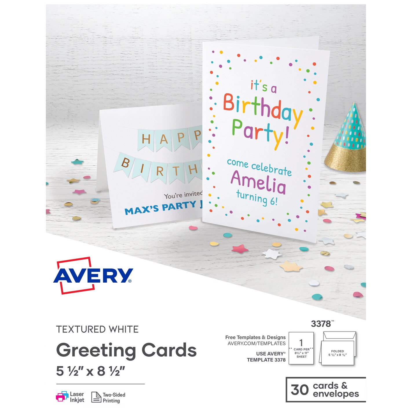 Avery Printable Half-Fold Greeting Cards, Envelopes Included, 5.5" x 8.5", Textured White, Laser & Inkjet Compatible, 30 Blank Cards Total (3378)