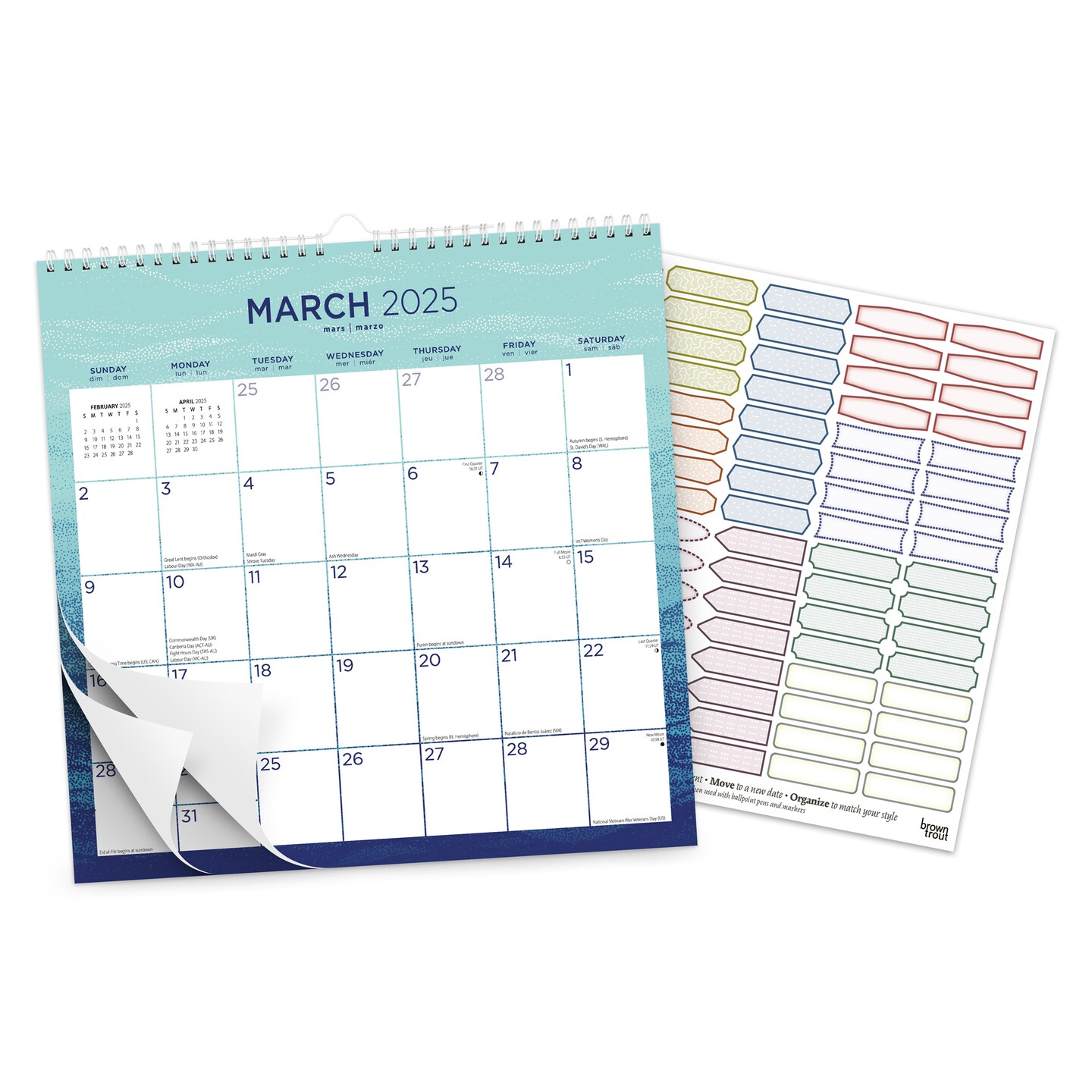 Seaside Currents | 2025 12 x 12 Inch Monthly Square Wire-O Calendar | Sticker Sheet | BrownTrout | Stationery Planning