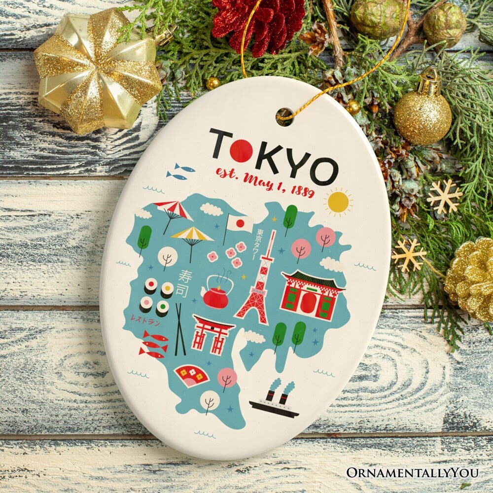 Minimalistic Elegant Tokyo Cultural Ornament, Vintage Japanese Landmarks Gift