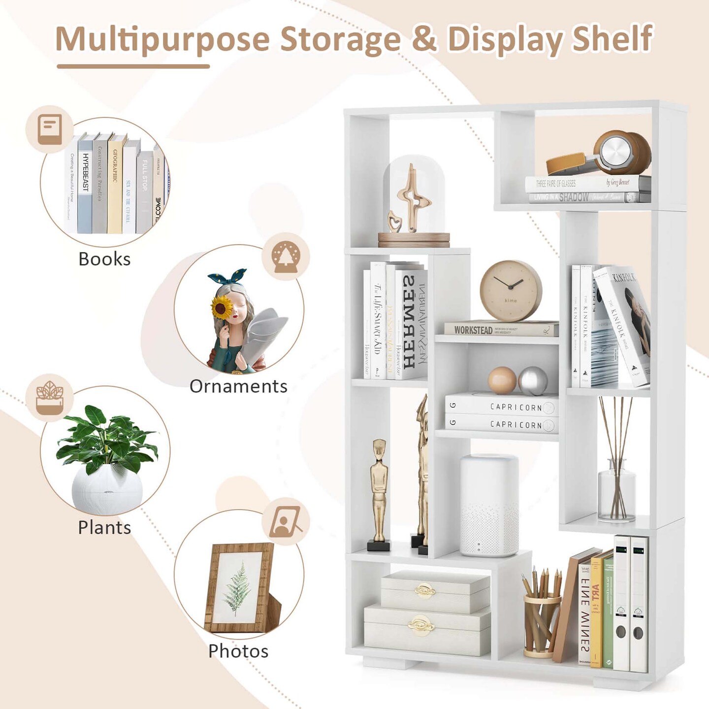 Costway 2 PCS 47" Tall Bookshelf Modern Geometric Bookcase with Open Shelves for Home Black&Natural/White