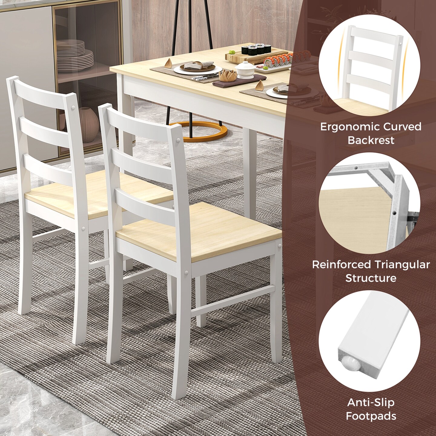 Costway 5-Piece Dining Set Solid Wood Kitchen Furniture with Rectangular Table &#x26; 4 Chairs Natural/Coffee/Grey