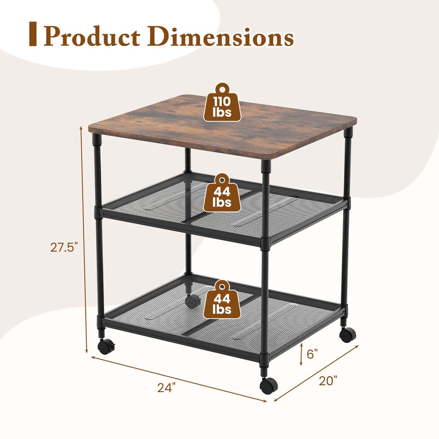 Costway 3-Tier Printer Stand Rolling Fax Cart with Adjustable Shelf &#x26; Swivel Wheel Brown/Black