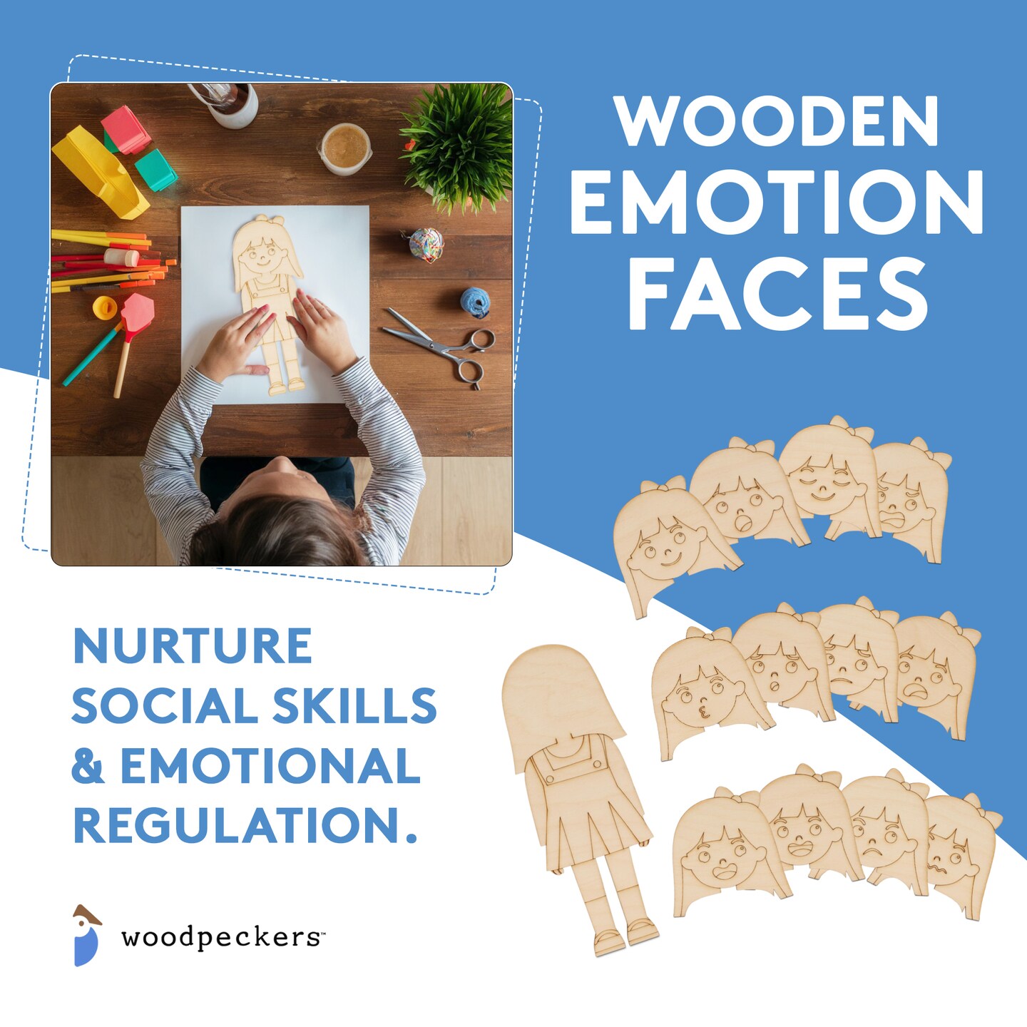 Emotion Faces Cutouts Girl 10&#x201D;, Set of 13 Feeling Cards for Kids | Woodpeckers