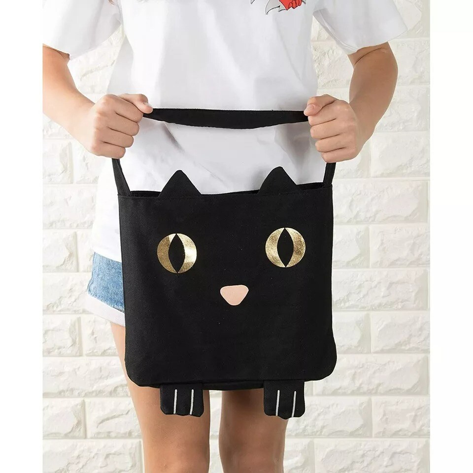 Halloween Tote Bag for Trick or Treat Cotton Black Cat Candy Witch Costume Party