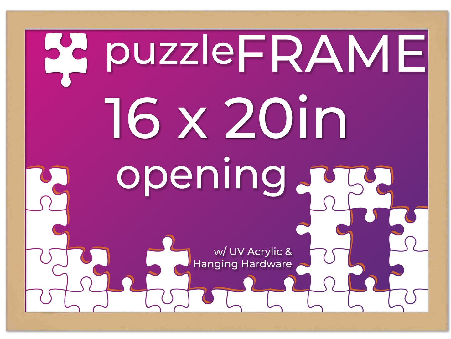 Natural Wood Puzzle Frame Kit with Glue Sheets, Backing, UV Acrylic - Available in 20 Popular Sizes