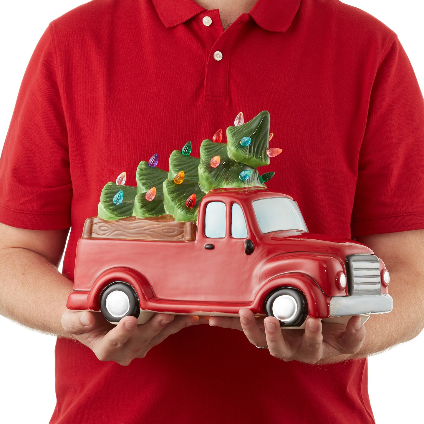 Casafield Hand Painted Ceramic Christmas Truck with Tree, Red Pre-Lit Truck with Green Tree and 20 Multi Color Lights