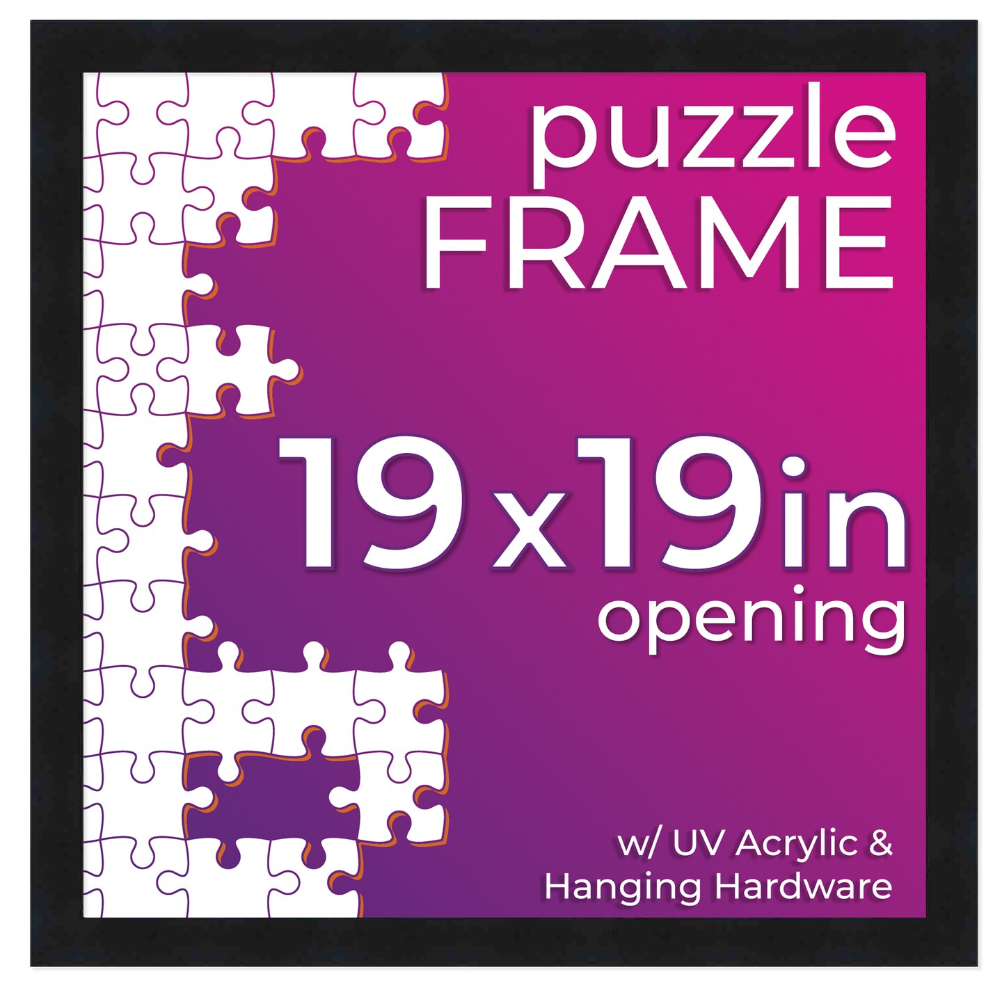 19x19 Jigsaw Puzzle Frame Kit - Kit Includes Puzzle Glue Sheets, Black Wood Puzzle Frame, UV Acrylic, Backing,, Hanging Hardware
