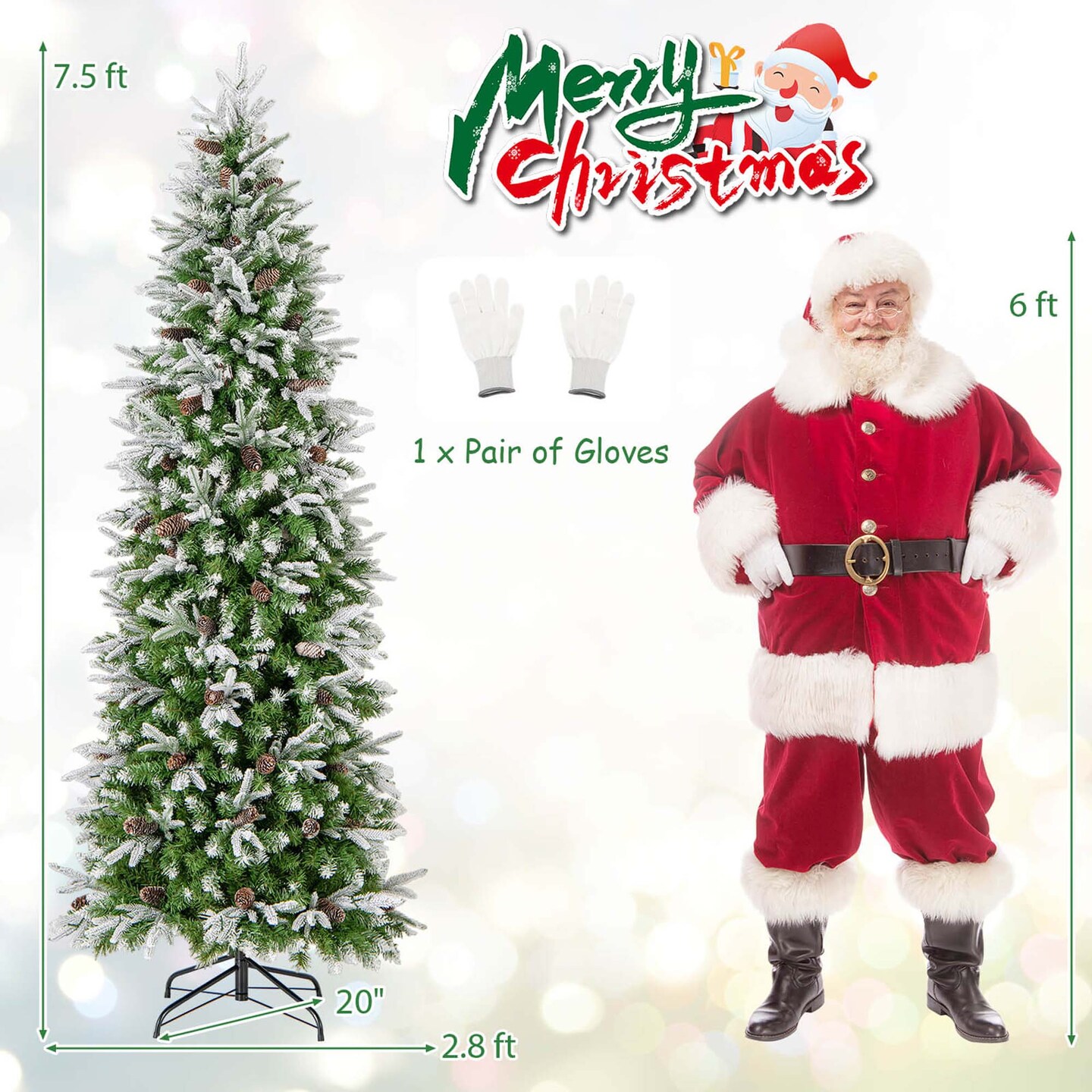 Costway 6/7.5/9 FT Flocked Christmas Tree with 671/913/1310 PE PVC Branch Tips 280/350/470 Warm White LED Lights