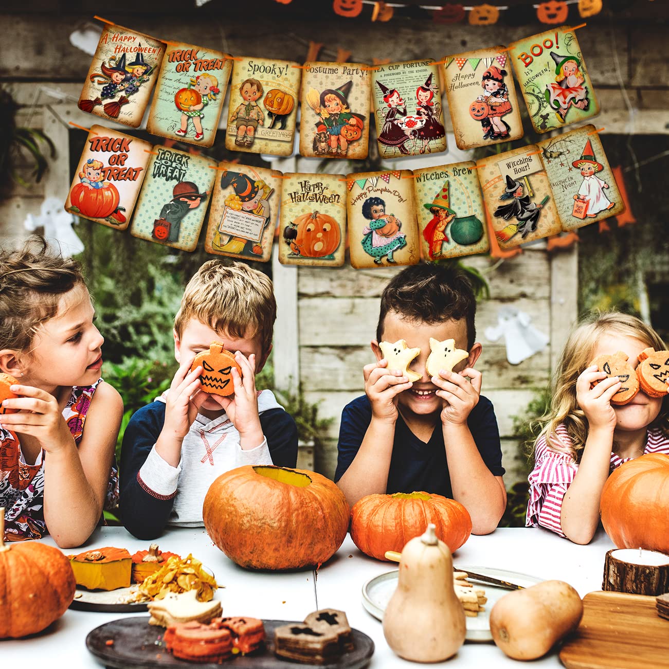 Halloween Holiday Decorations Trick or Treat Banner, Vintage Style Pumpkin Halloween Hanging Banner Home Decor Bunting Flag Garland - Halloween Party Decorations/Sign/Party Supplies/Photo Prop