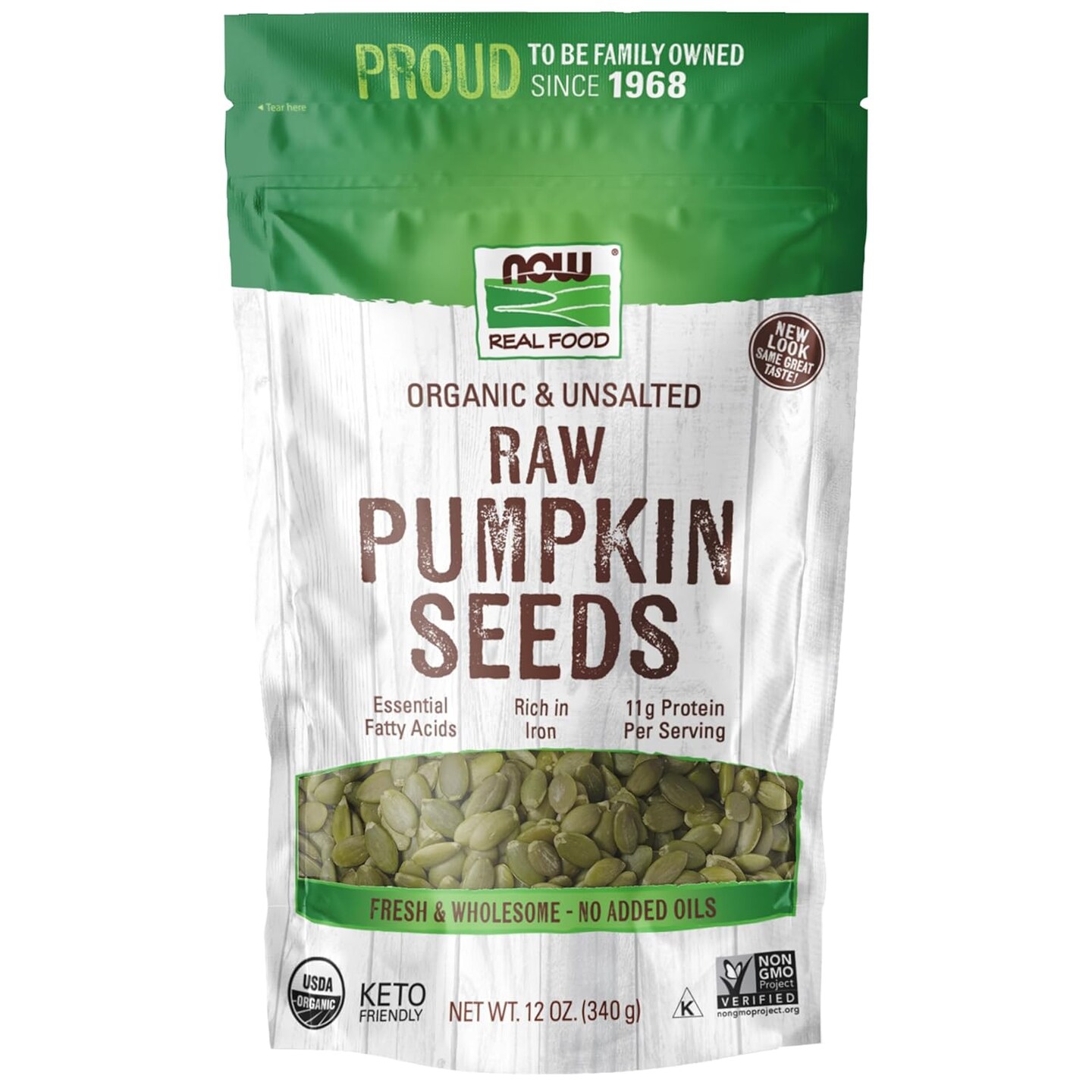 Raw and unsalted organic pumpkin seeds, a great source of iron and protein, and a 12-oz, certified non-GMO snack (packaging may vary)