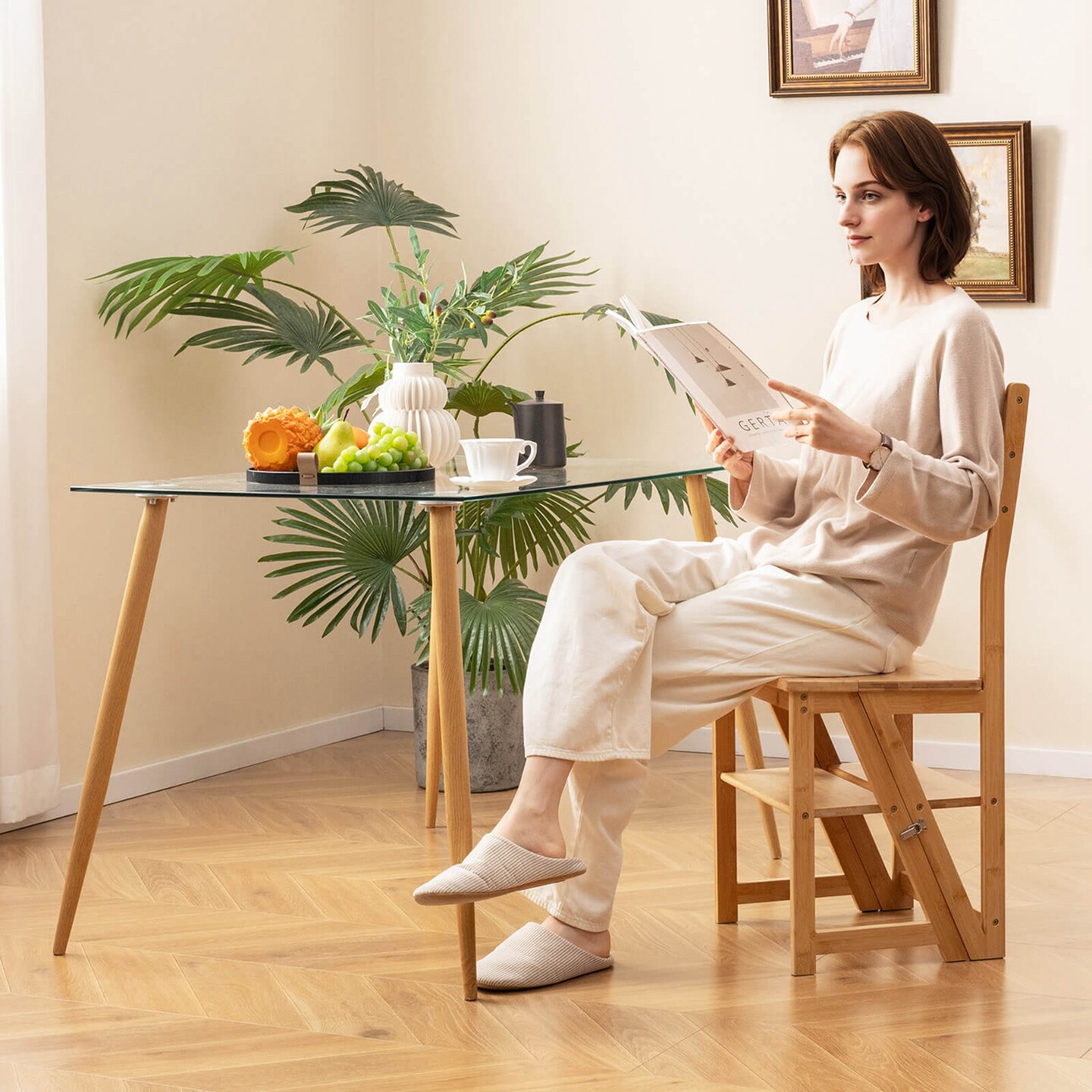 Costway 3-Step Folding Step Ladder Chair with Bamboo Frame Convertible Ladder Stool Reddish Brown/Natural