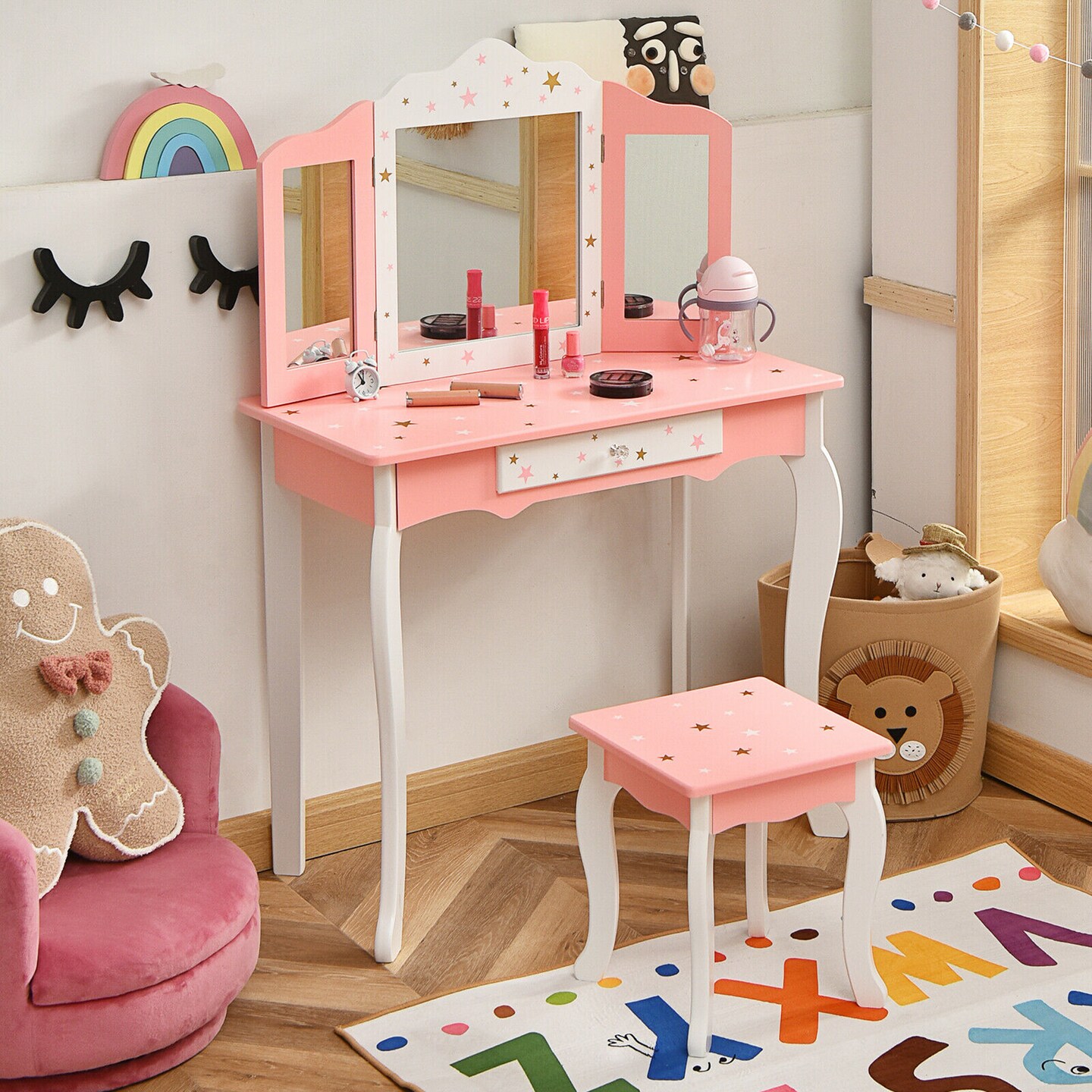 Costway Kids Vanity Princess Makeup Dressing Table Chair Set W/ Tri-folding Mirror