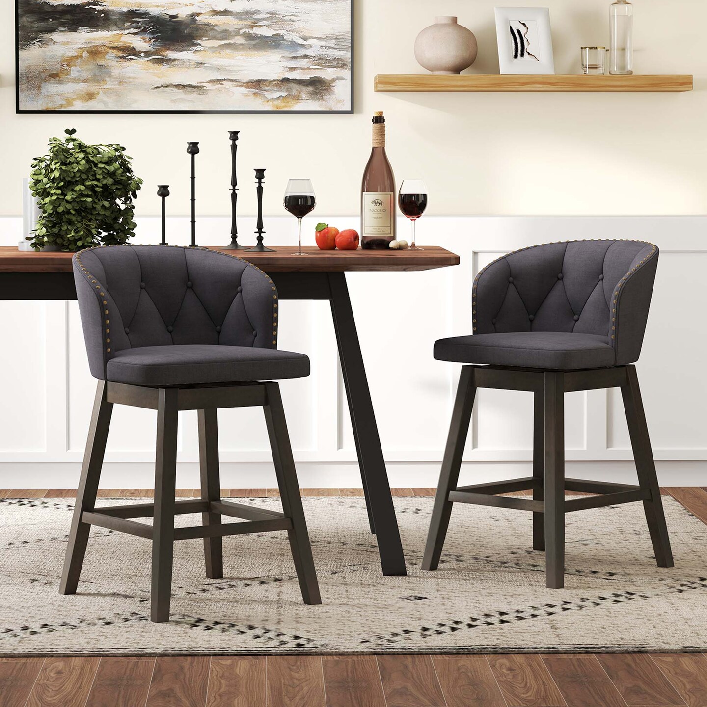 Costway 2/4 PCS Counter Height Bar Stools Fabric Upholstered Island Stools with 360° Swivel Seat Gray