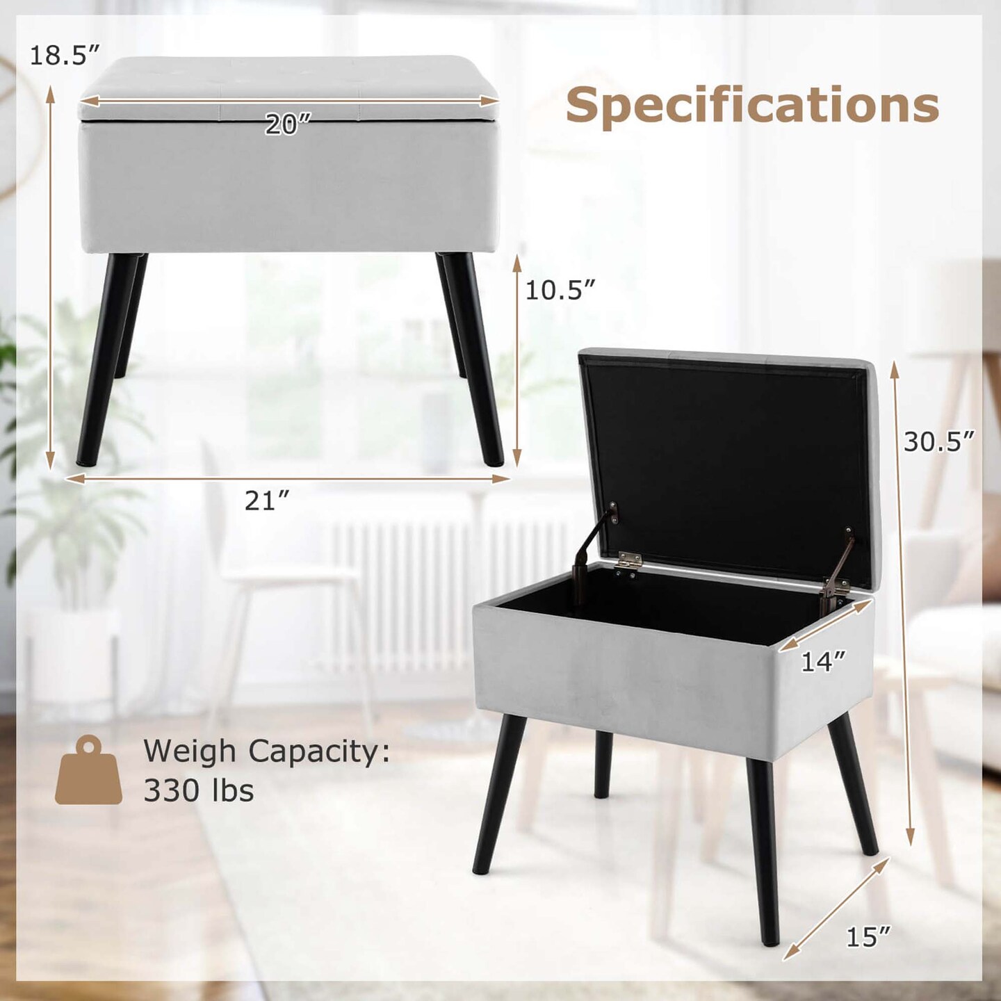 Costway 2 PCS Velvet Vanity Stools with Storage Solid Wood Legs Flip-Up Top for Entryway Black/Beige/Gray