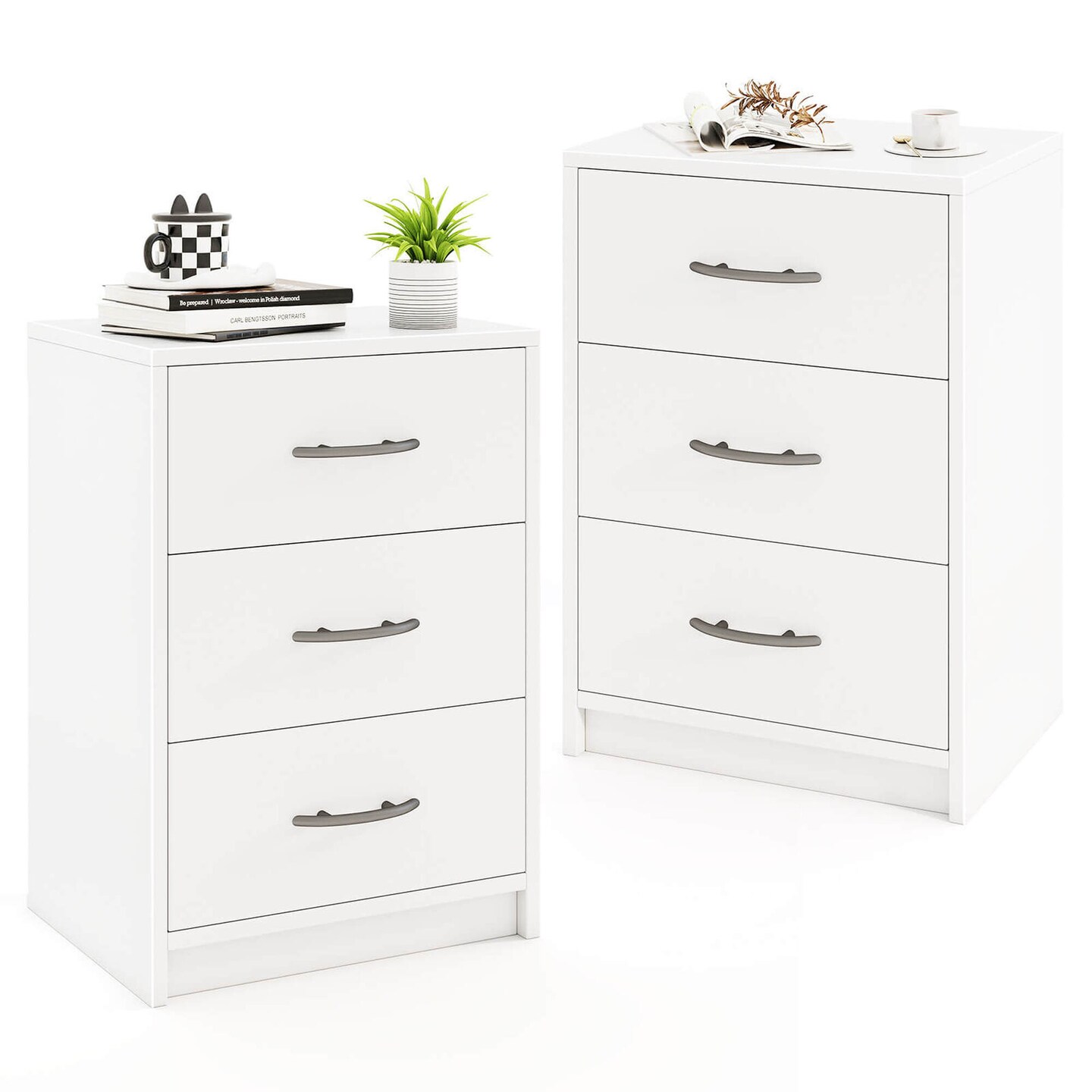 Costway 1/2 PCS 3-Drawer Nightstand Modern Bedside Table with Storage Anti-Toppling Kit for Bedroom White