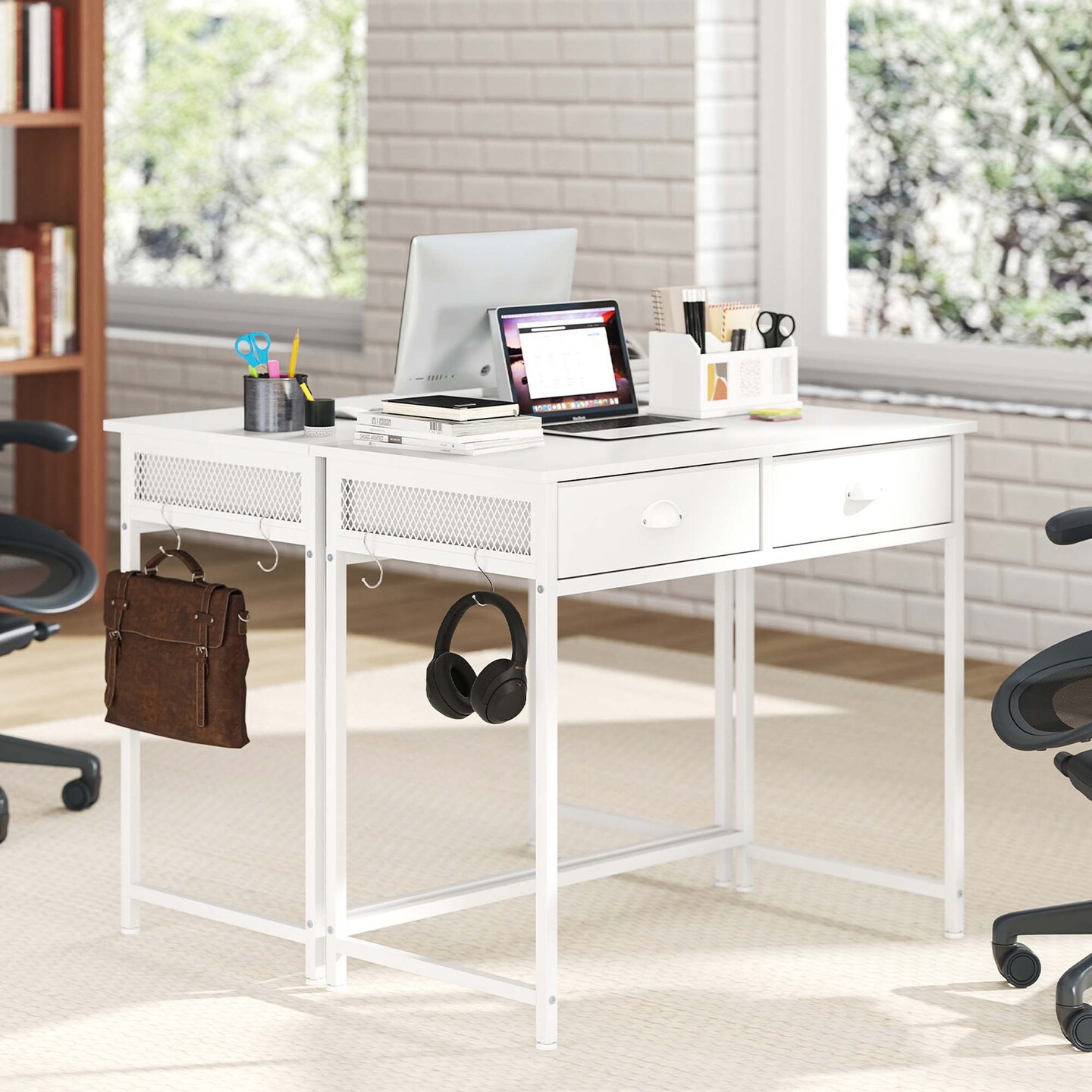 Costway Space Saving Home Computer Desk with 2 Fabric Drawers 4 Hanging Hooks &#x26; Metal Frame Brown/White