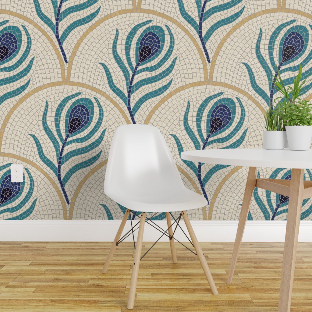 Peel &#x26; Stick Wallpaper 2FT Wide Art Deco Tiles Teal Blue Ivory Bold Faux Tile Feathers Maximalist Glam Custom Removable Wallpaper by Spoonflower