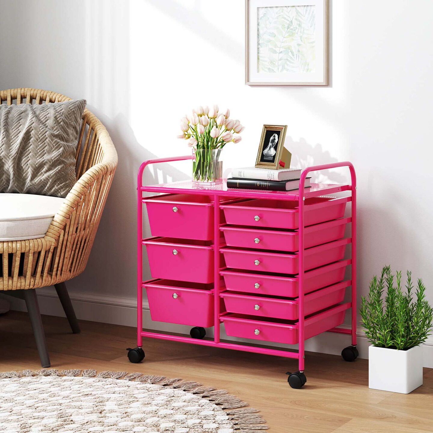 Costway 9 Drawer Rolling Organizer Cart Utility Storage Tools Scrapbook Paper Multi-Use Macaron/White/Hot Pink/Light Pink/Clear/Black