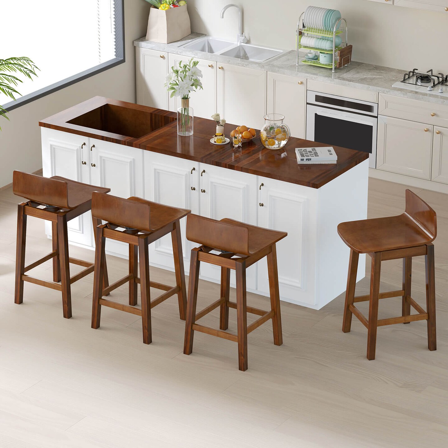 Costway 24.5" Counter Height Bar Stools Set of 2/4 with Footrest Solid Rubber Wood Legs Walnut/White/Black
