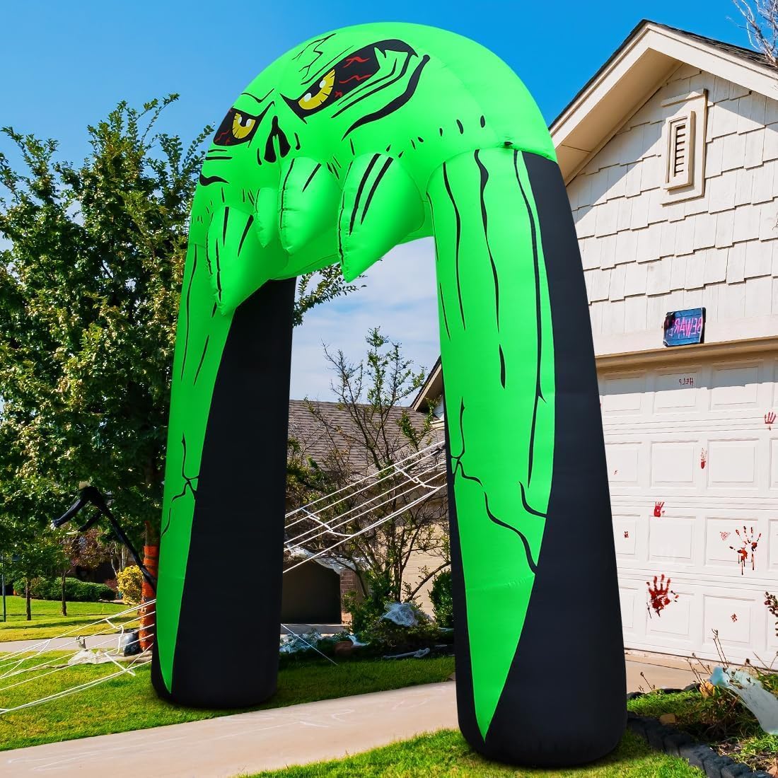 GOOSH 10 FT Halloween Inflatables Archway Blow Up Yard Monster Mouth Archway with Built-in LEDs