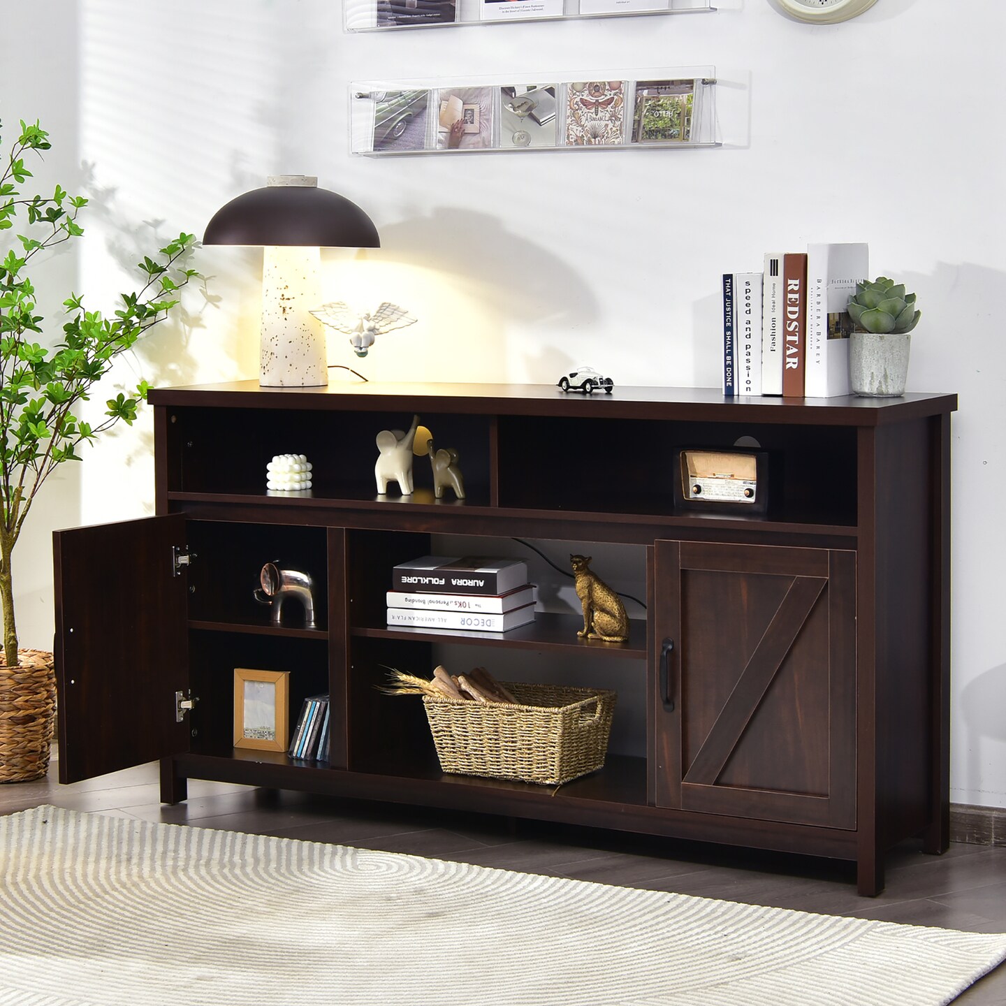 Costway 59'' TV Stand Media Center Console Cabinet w/ Barn Door for TV's 65'' Natural\Black\Coffee