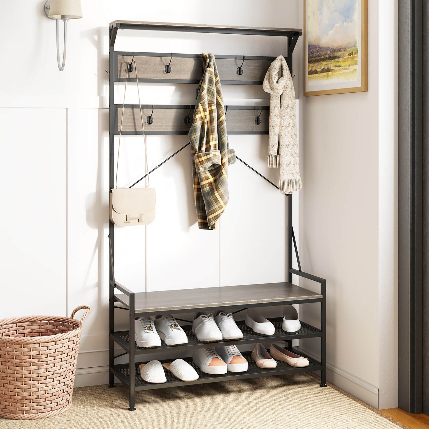 Costway Coat Rack 4-In-1 Hall Tree with 11 Hanging Hooks, Shoe Bench, 2-Tier Shoe Rack Gray/Brown
