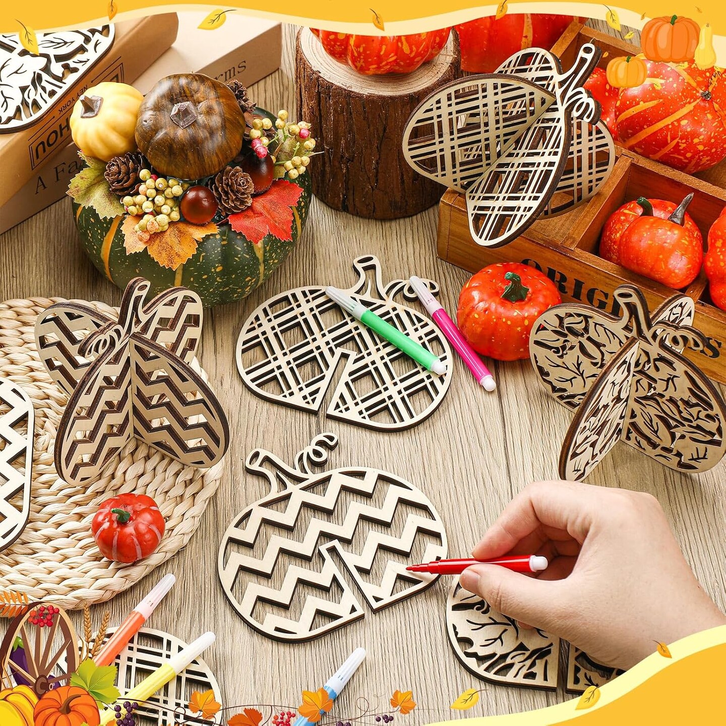 36PCS Fall Pumpkin Craft Set – 24 3D Wooden Pumpkin Cutouts + 12