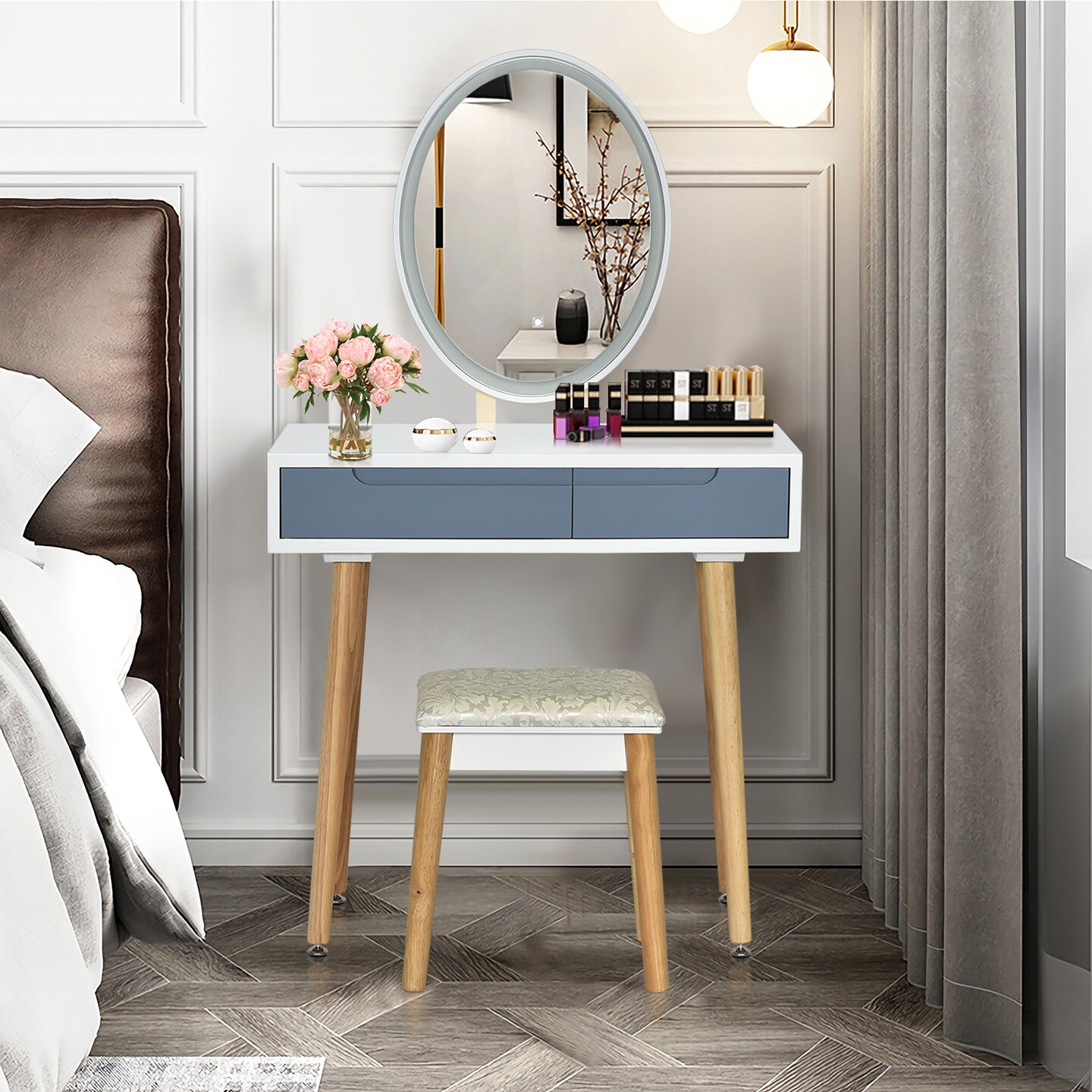 Costway Vanity Makeup Table Touch Screen 3 Lighting Modes Dressing Table Stool Set White\Black\ Gray