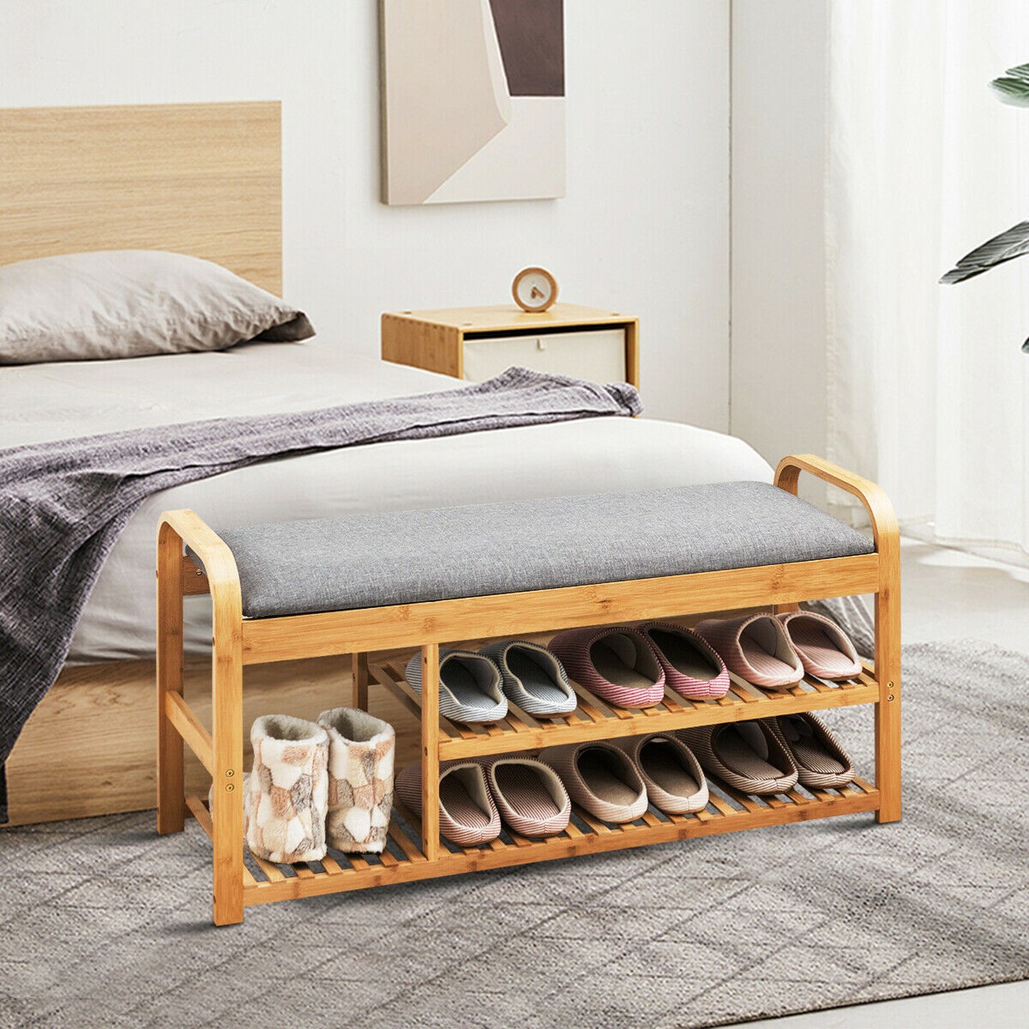 Costway Shoe Rack Entryway 3-Tier Bamboo Shoe Bench Organizer W/Cushion Modern Stool