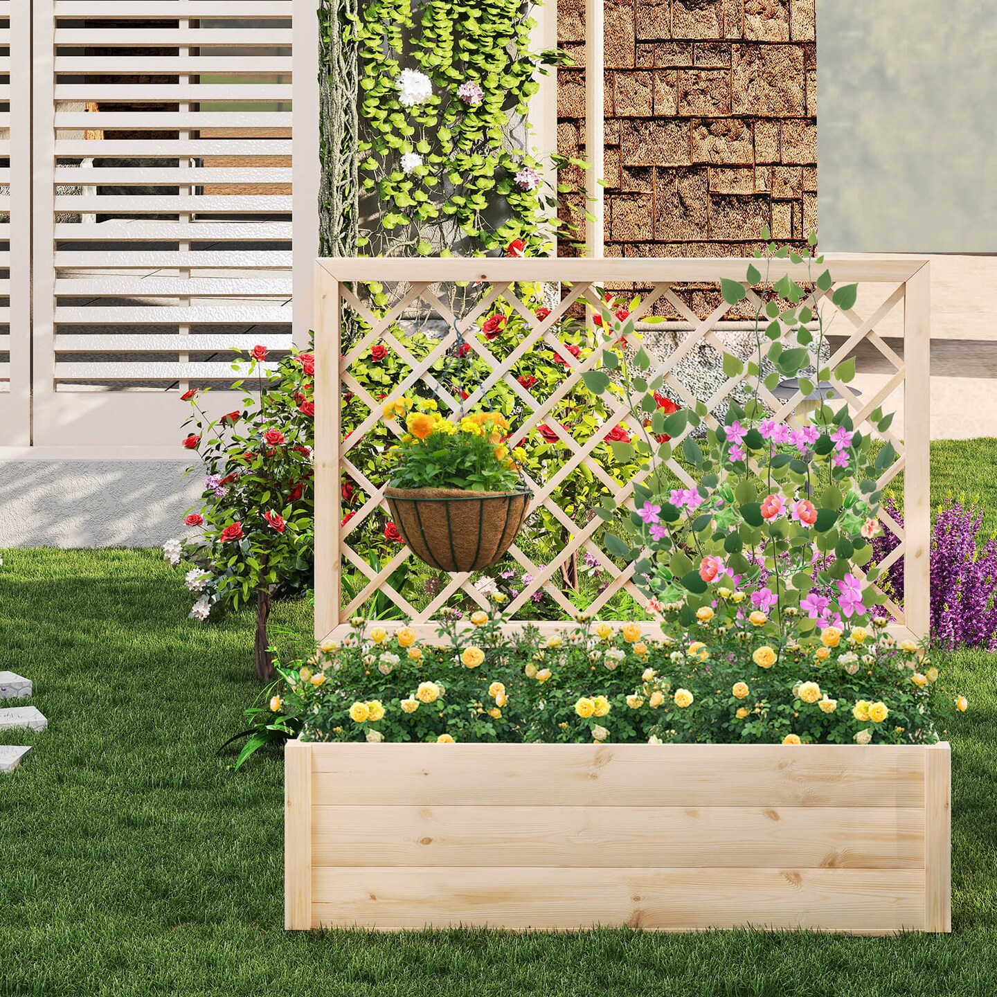 Costway 1/2 PCS 40" Wooden Raised Garden Bed with Lattice Trellis for Climbing Vine Flower
