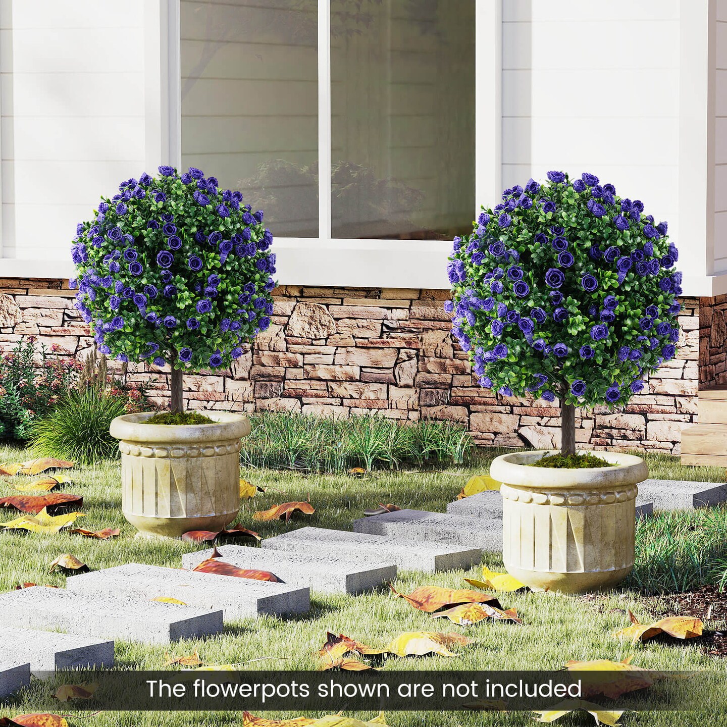 Costway Set of 2 Artificial Purple Rose Topiary Ball Trees 22" Faux Boxwood Ball Tree