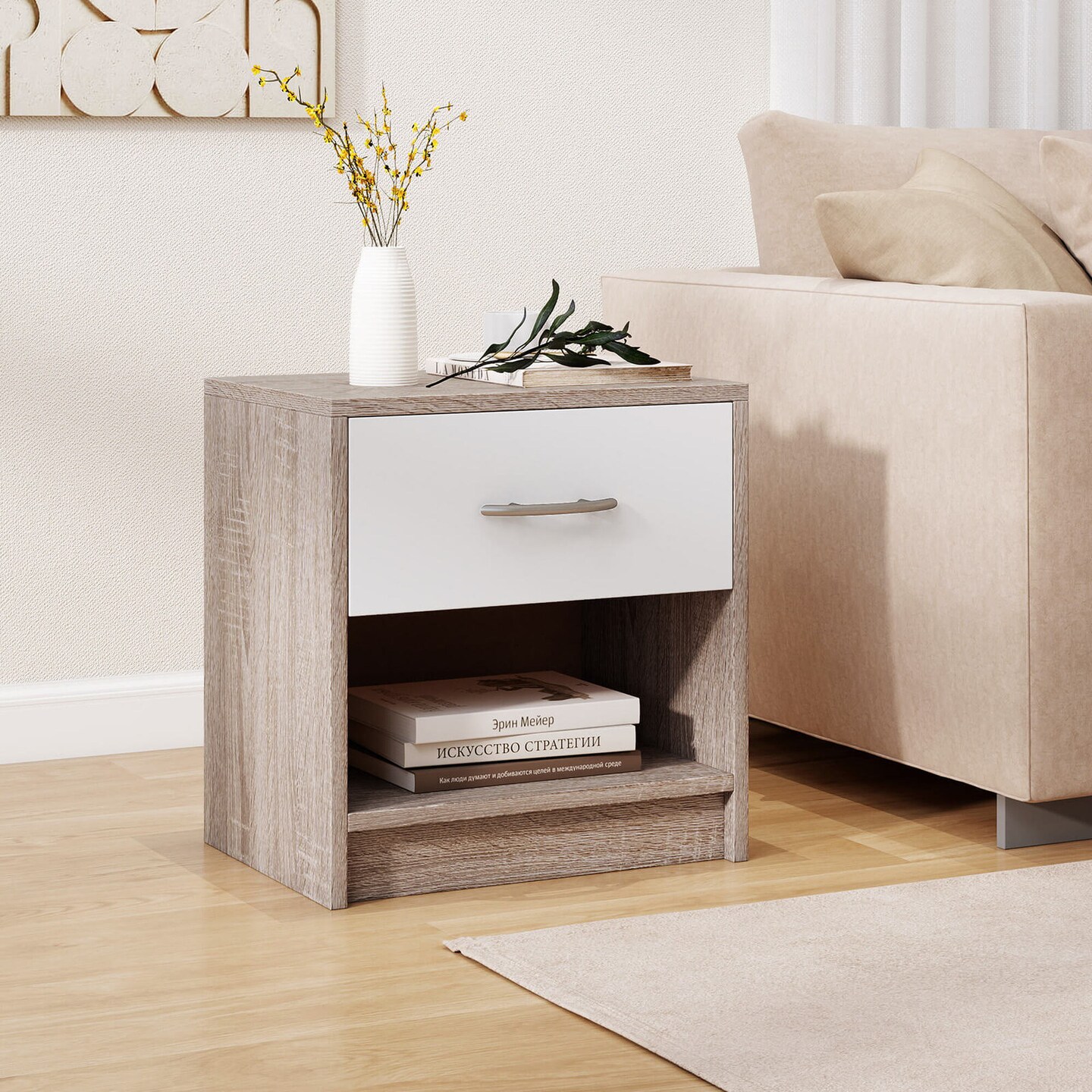 Costway Modern Nightstand Bedside Table with Drawer Open Storage Shelf for Small Spaces Light Gray/Oak&#x26;White/Natural&#x26;White/Natural/White/Dark Gray/Brown