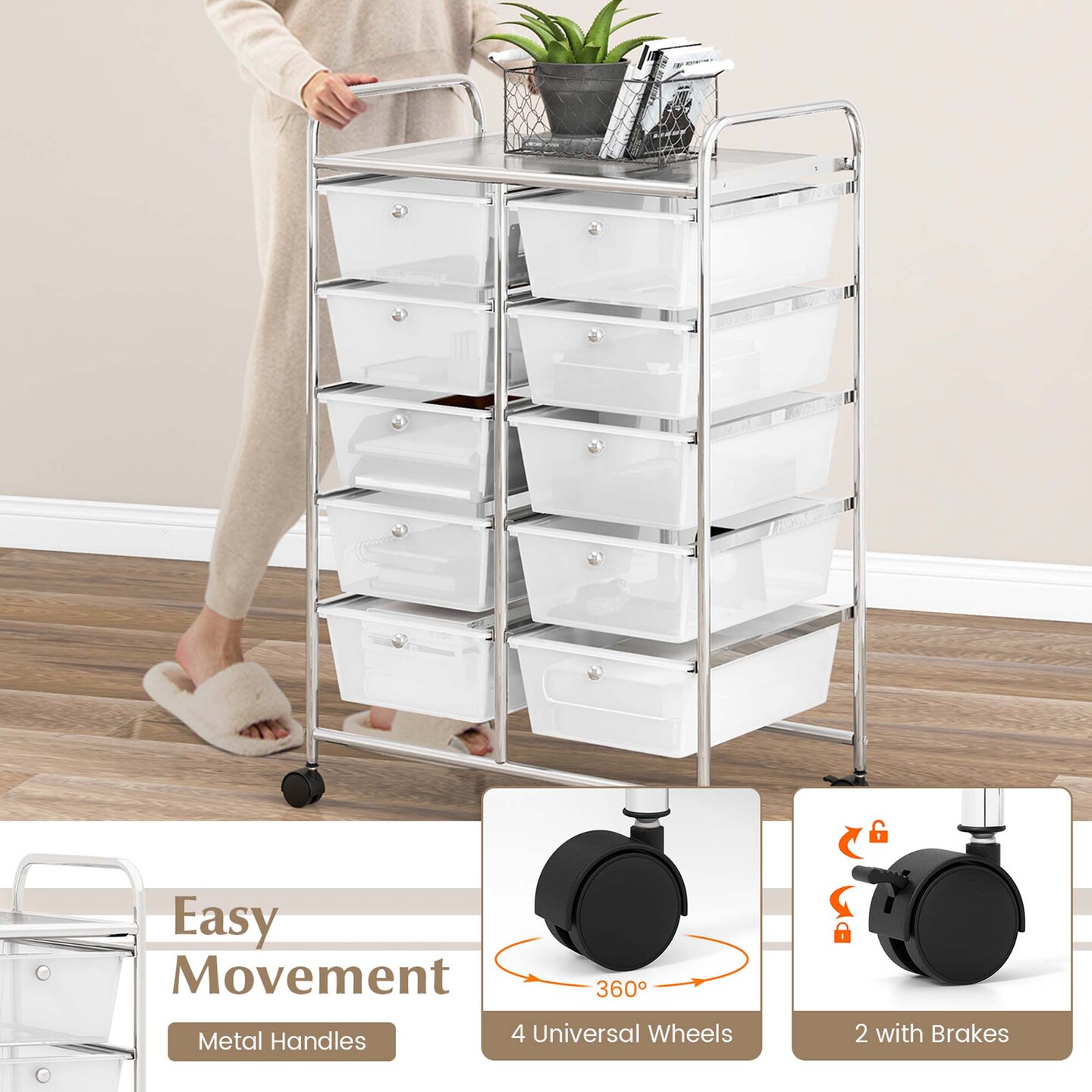 Costway 10-Drawer Storage Cart Utility Rolling Trolley Kitchen Office Organizer Black/Clear/Macaron/Grey/Black Gardient/Multicolor/Pink/RainbowithWhite/Hot Pink/Skin Pink/Purple