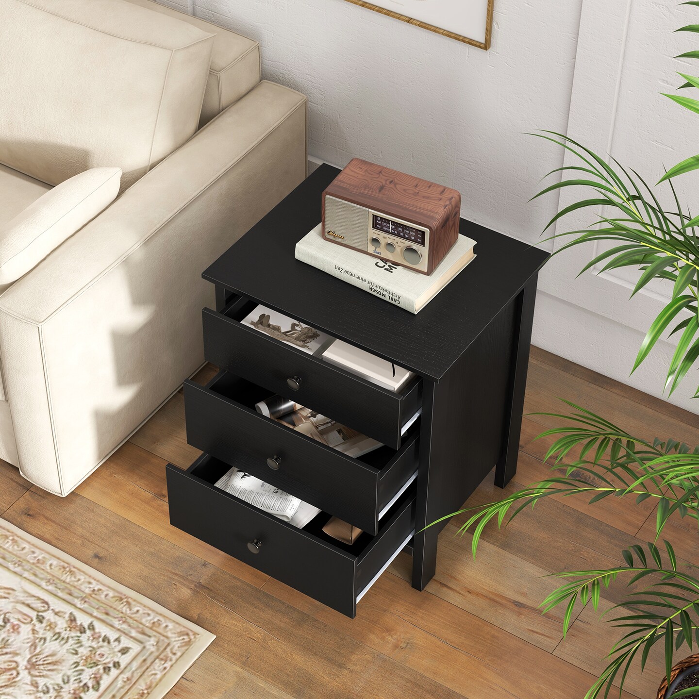 Costway Nightstand Beside End Side Table Accent Table Organizer W/3 Drawers Black