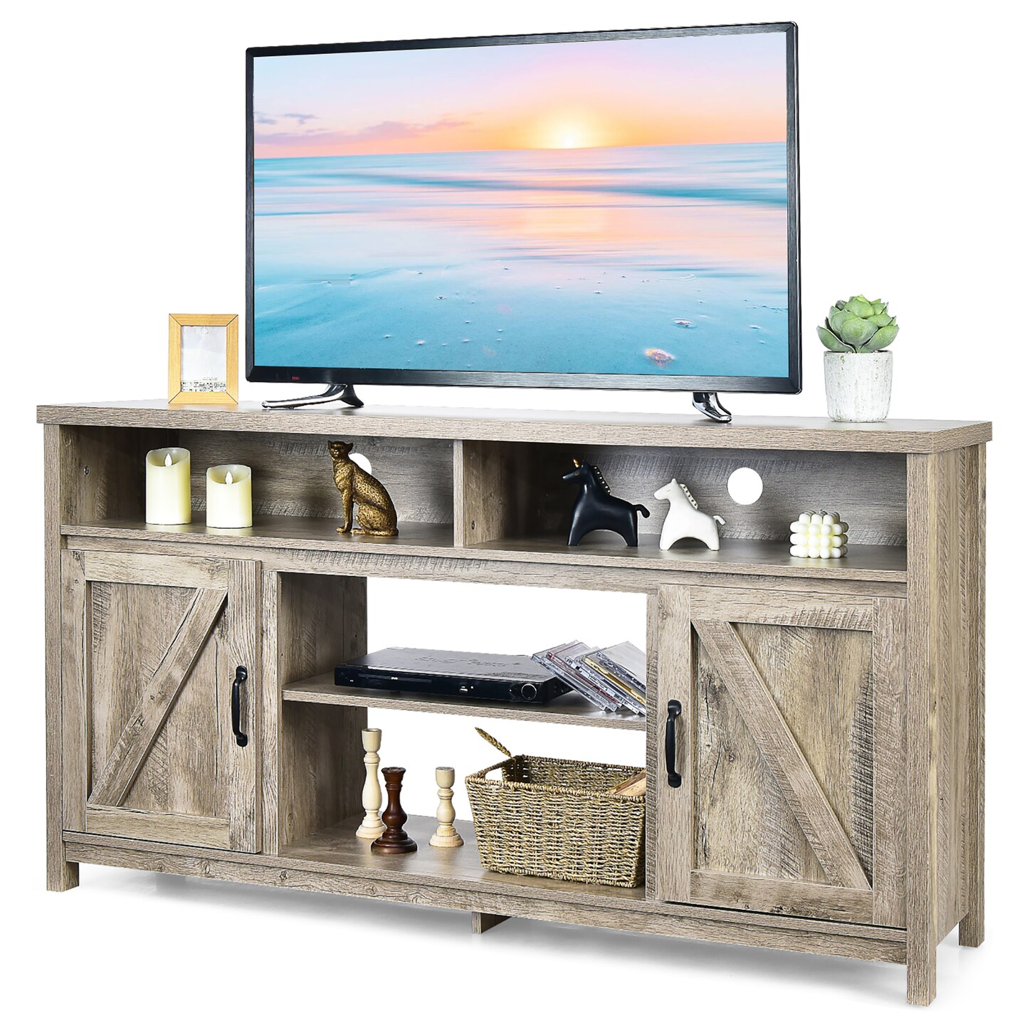 Costway 59'' TV Stand Media Center Console Cabinet w/ Barn Door for TV's 65'' Natural\Black\Coffee
