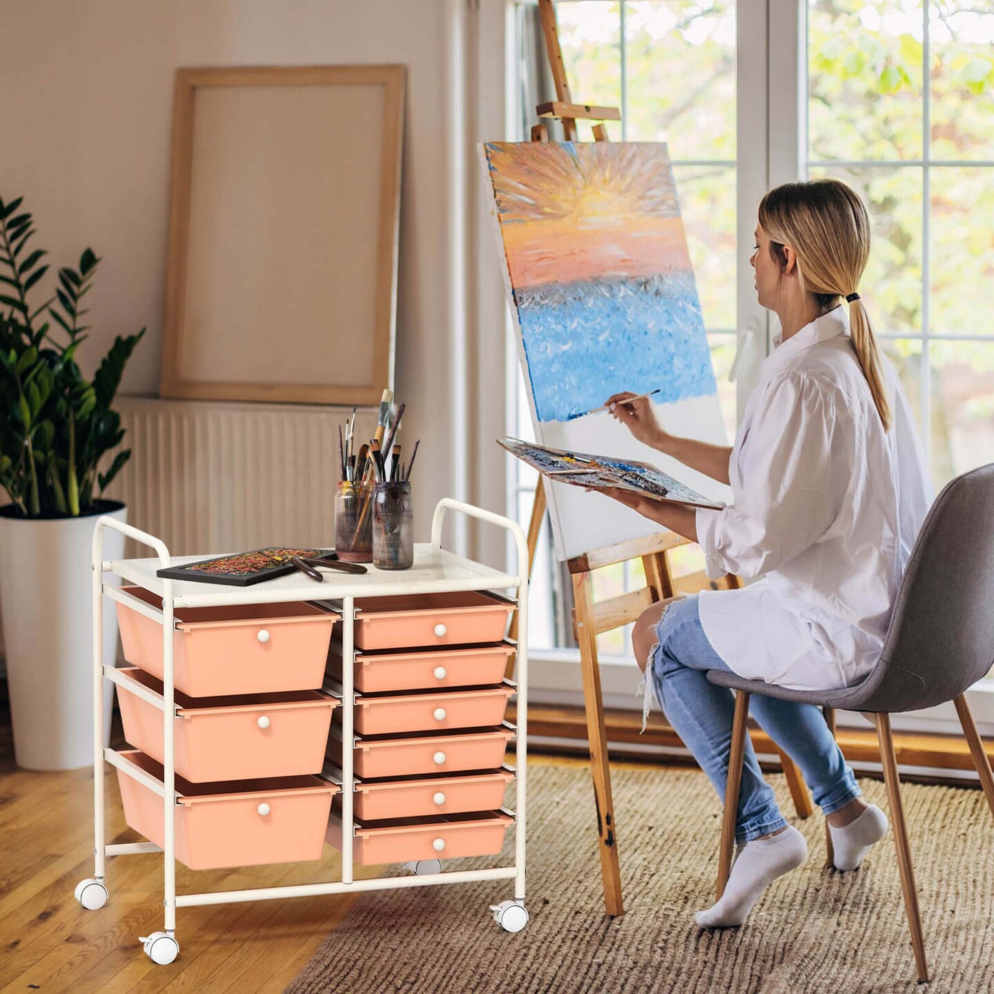 Costway 9 Drawer Rolling Organizer Cart Utility Storage Tools Scrapbook Paper Multi-Use Macaron/White/Hot Pink/Light Pink/Clear/Black